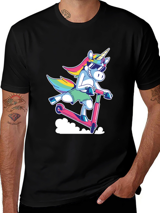 Cool Unicorn on Scooter Graphic Tee - Black T-Shirt