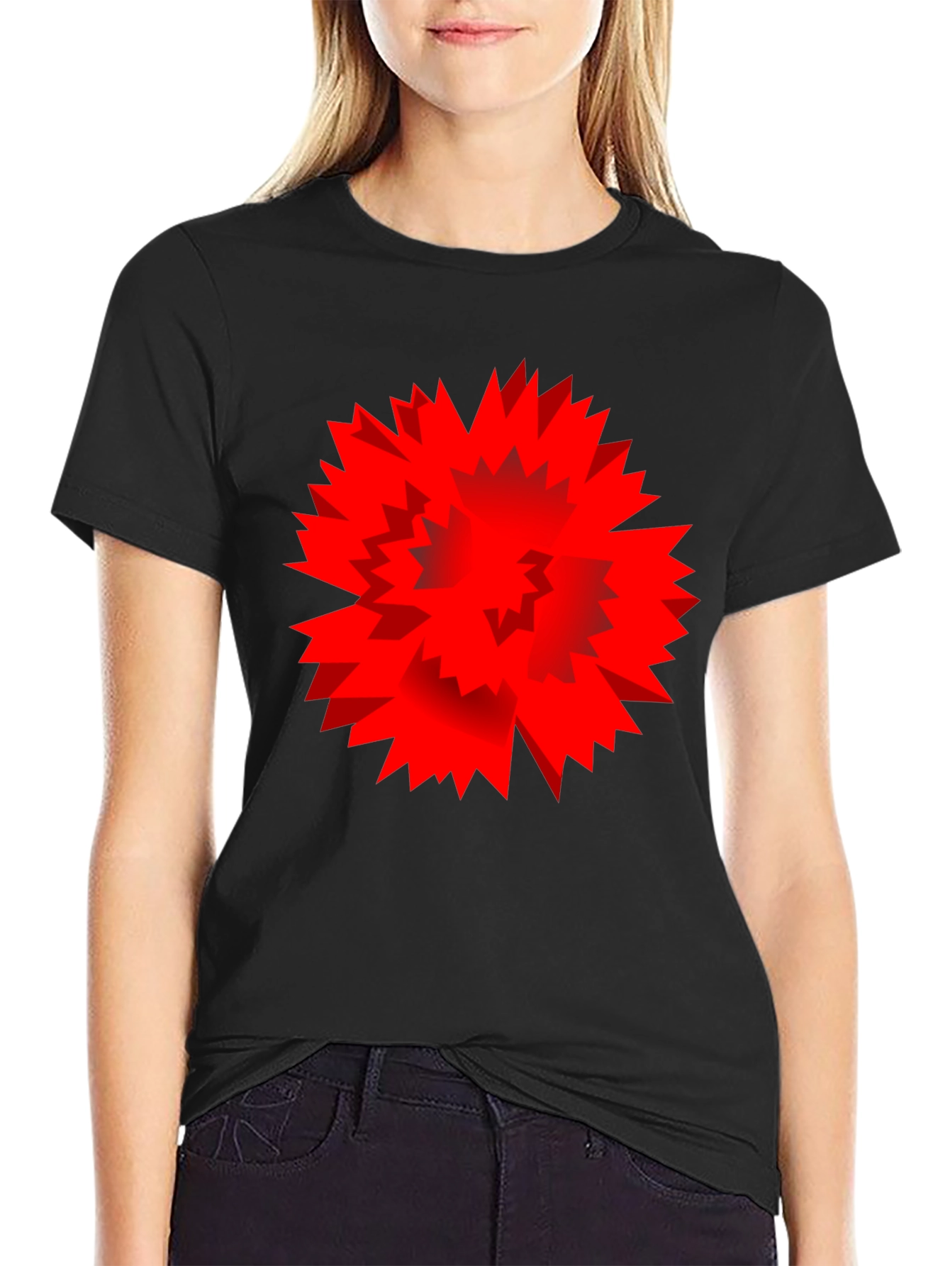 Bold Red Geometric Burst Graphic Print Black T-Shirt