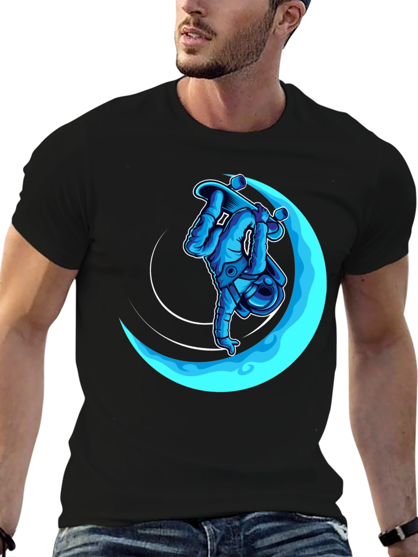 Astronaut Skateboarder Black Graphic T-Shirt