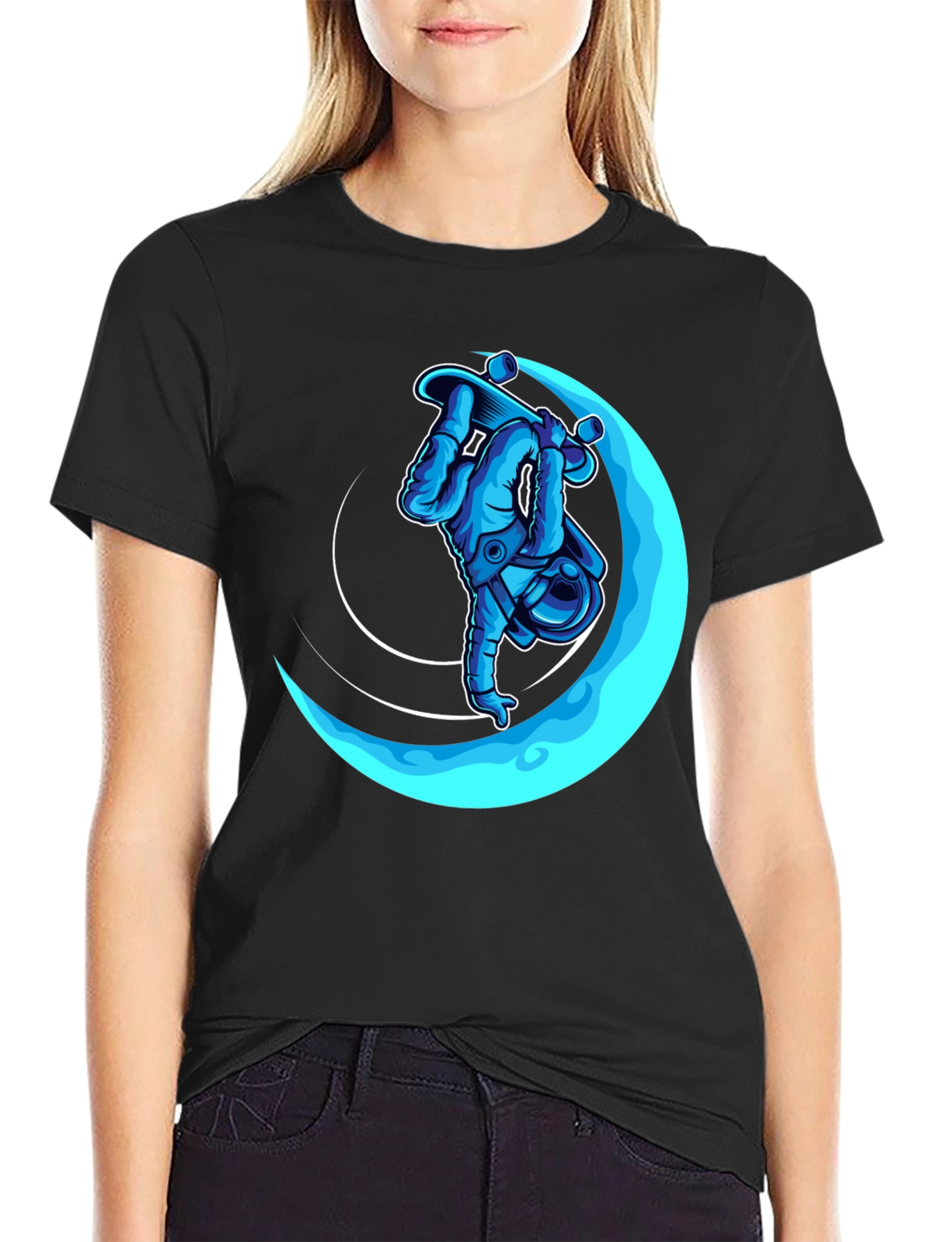 Astronaut Skateboarder Black Graphic T-Shirt