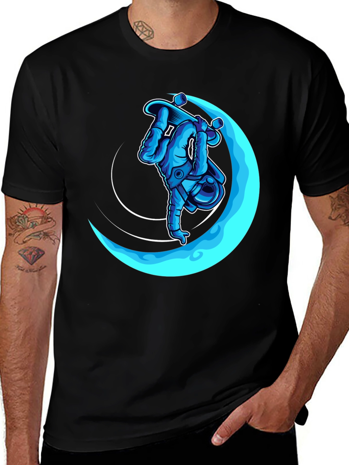 Astronaut Skateboarder Black Graphic T-Shirt