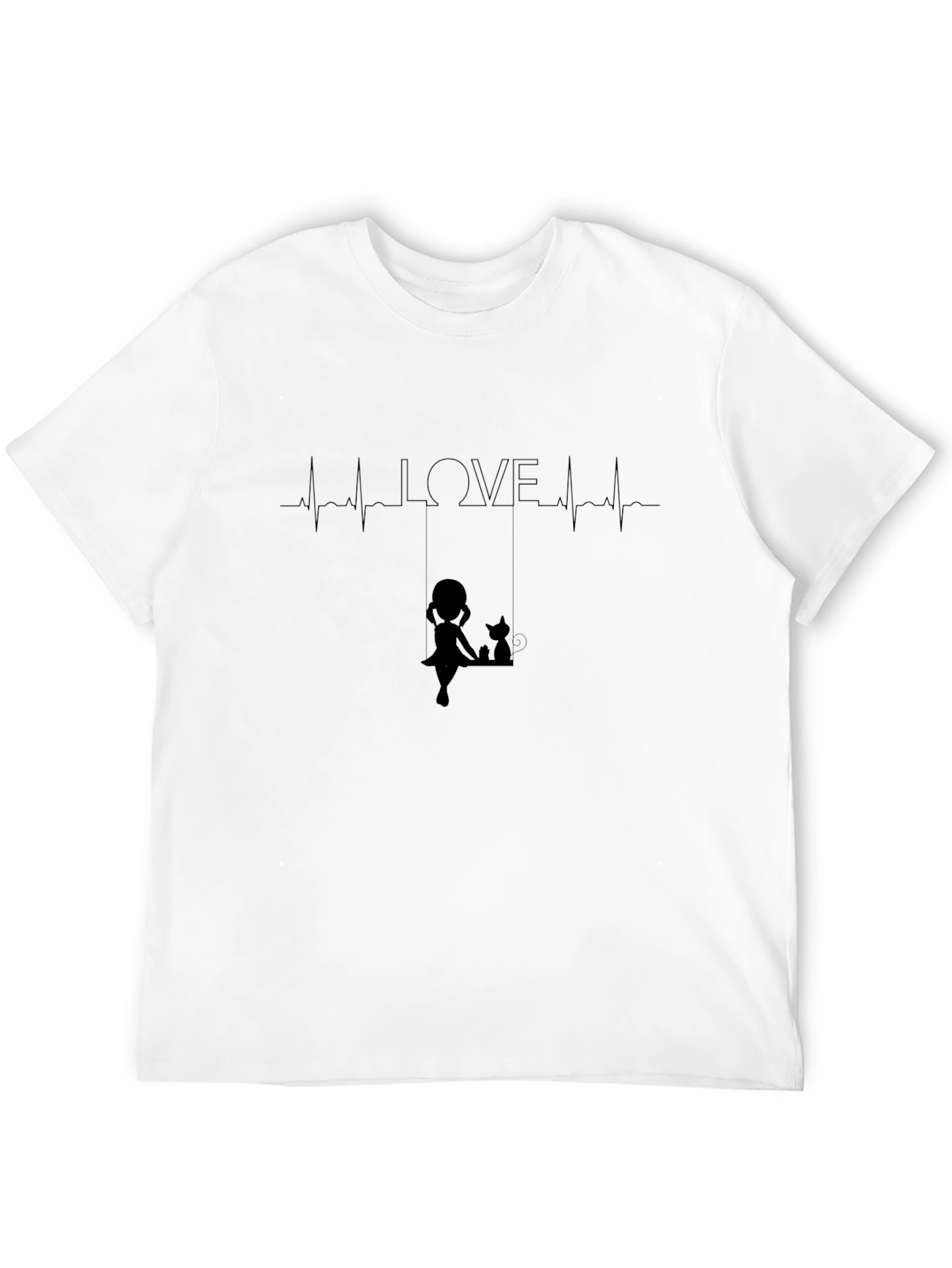 Love Heartbeat Girl and Cat on Swing Black T-Shirt