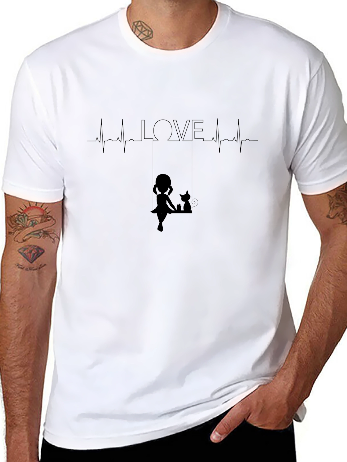 Love Heartbeat Girl and Cat on Swing Black T-Shirt