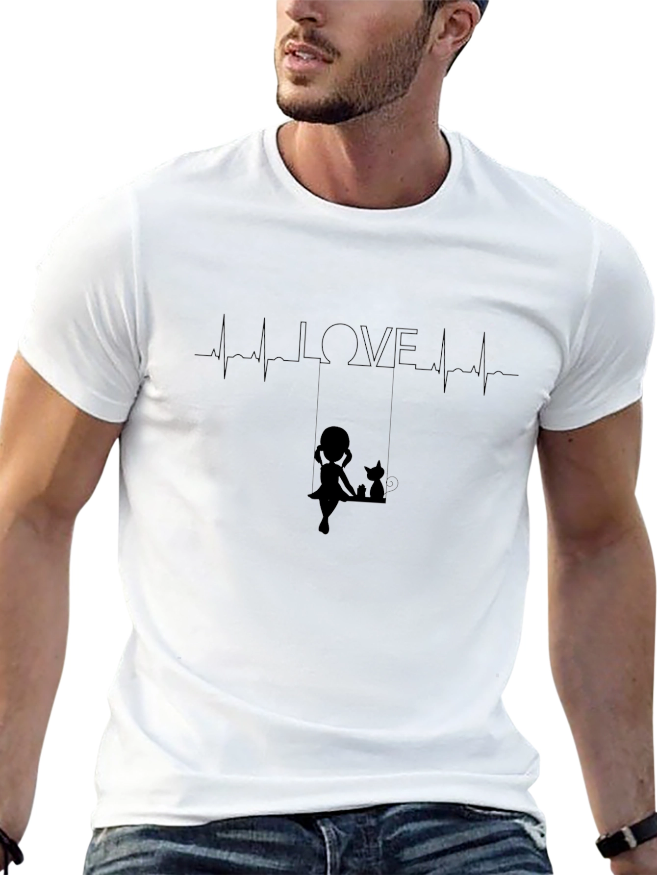 Love Heartbeat Girl and Cat on Swing Black T-Shirt