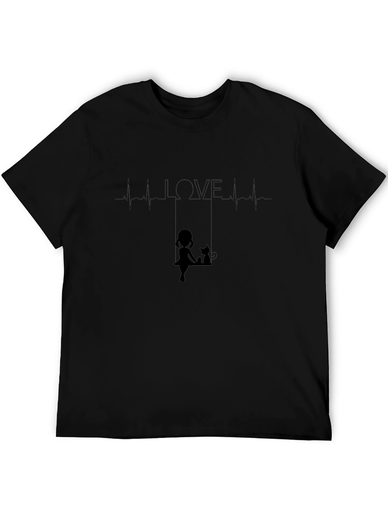 Love Heartbeat Girl and Cat on Swing Black T-Shirt