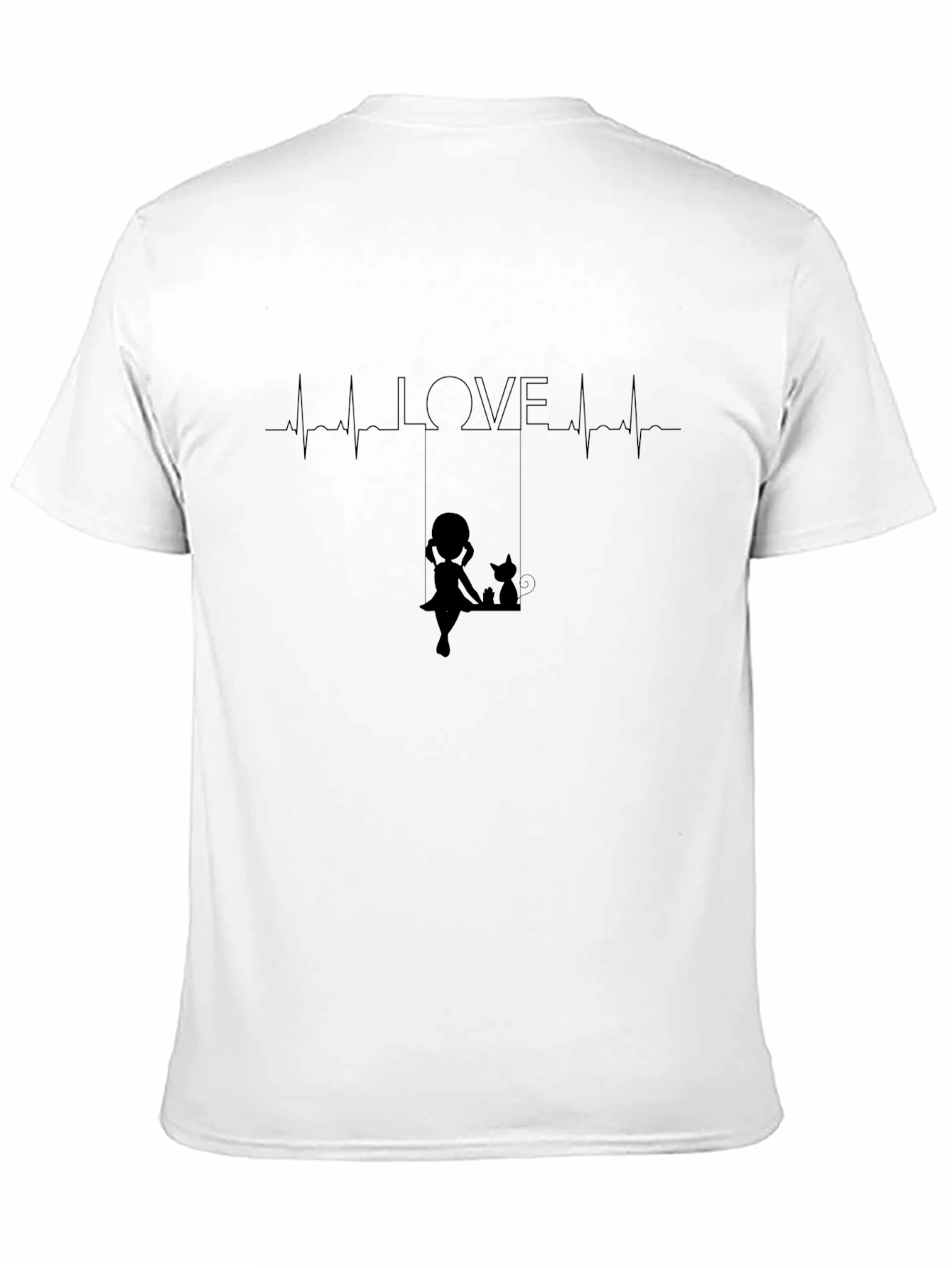 Love Heartbeat Girl and Cat on Swing Black T-Shirt