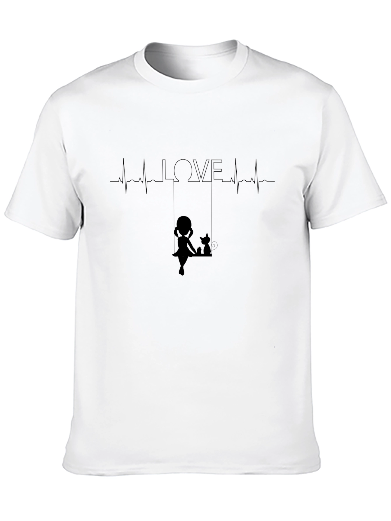 Love Heartbeat Girl and Cat on Swing Black T-Shirt