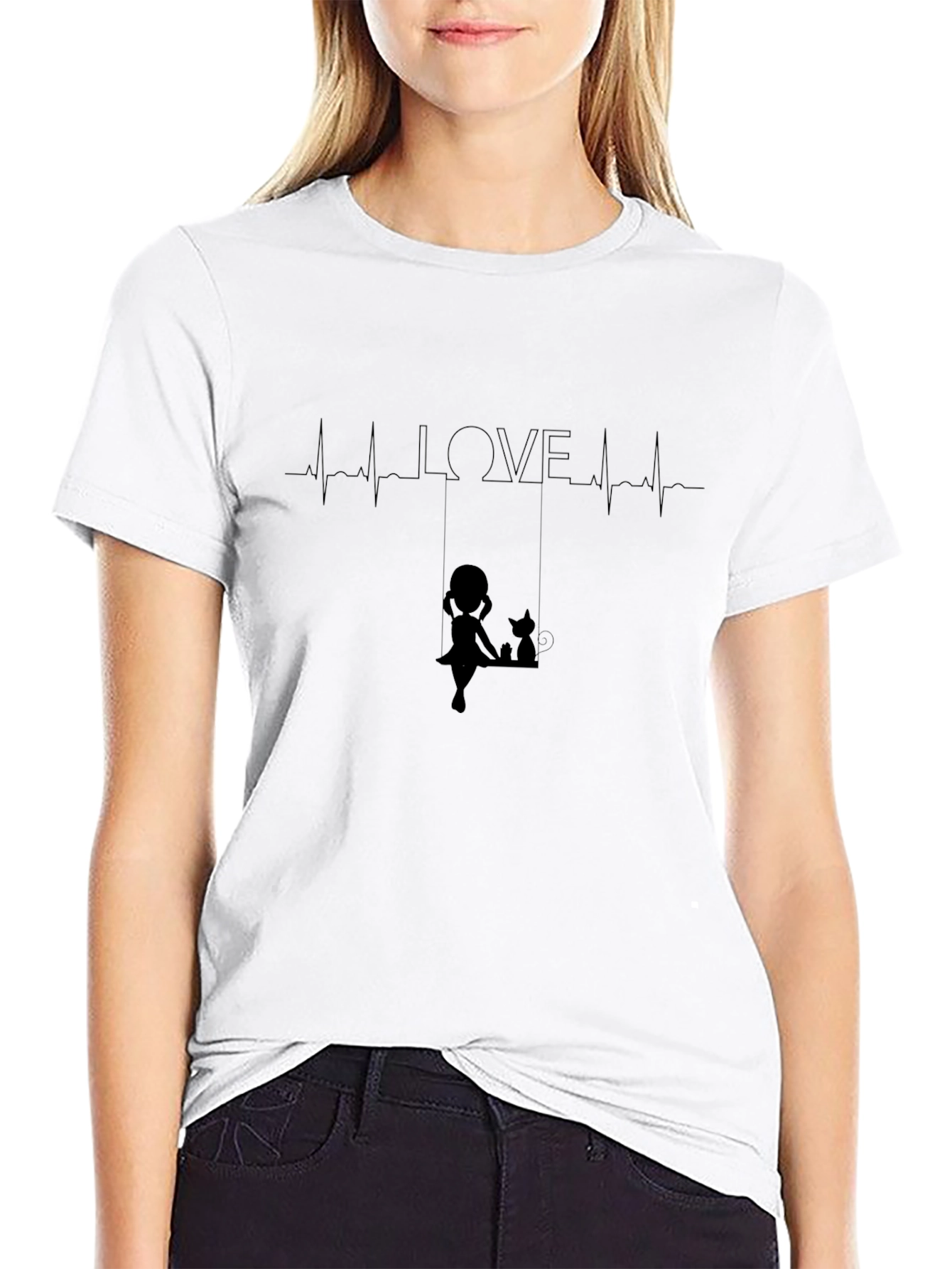 Love Heartbeat Girl and Cat on Swing Black T-Shirt