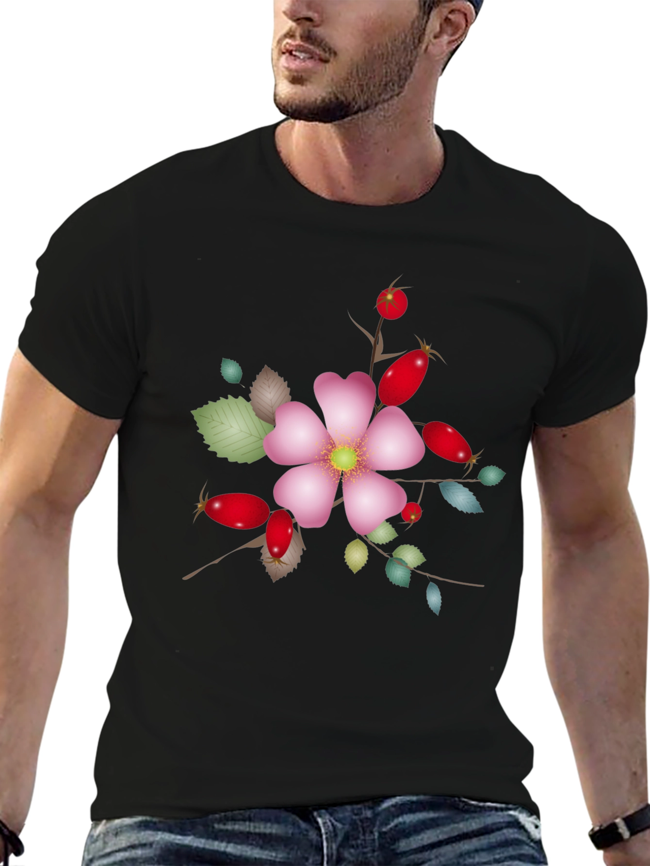 Floral Rose Hip Graphic Tee - Unique Design