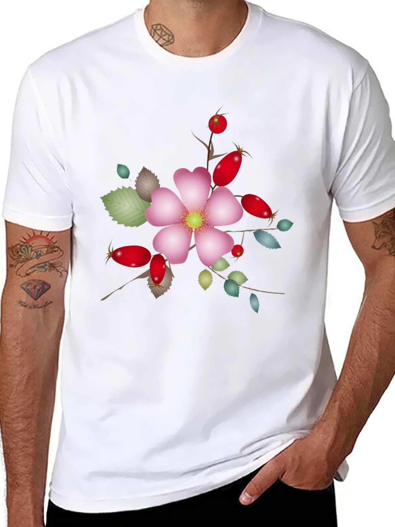 Floral Rose Hip Graphic Tee - Unique Design