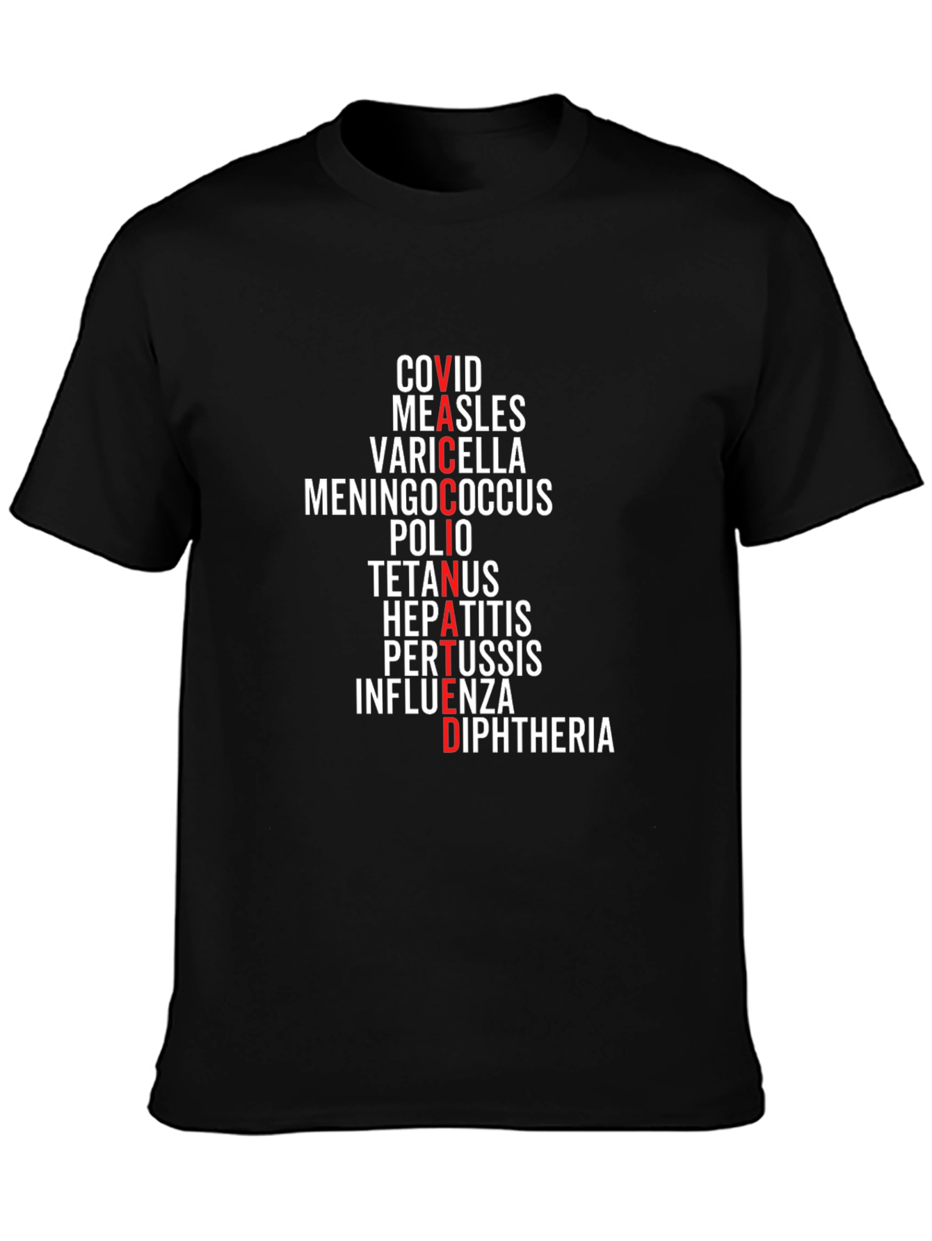 Vaccinated Diseases T-Shirt - Black Crew Neck Tee