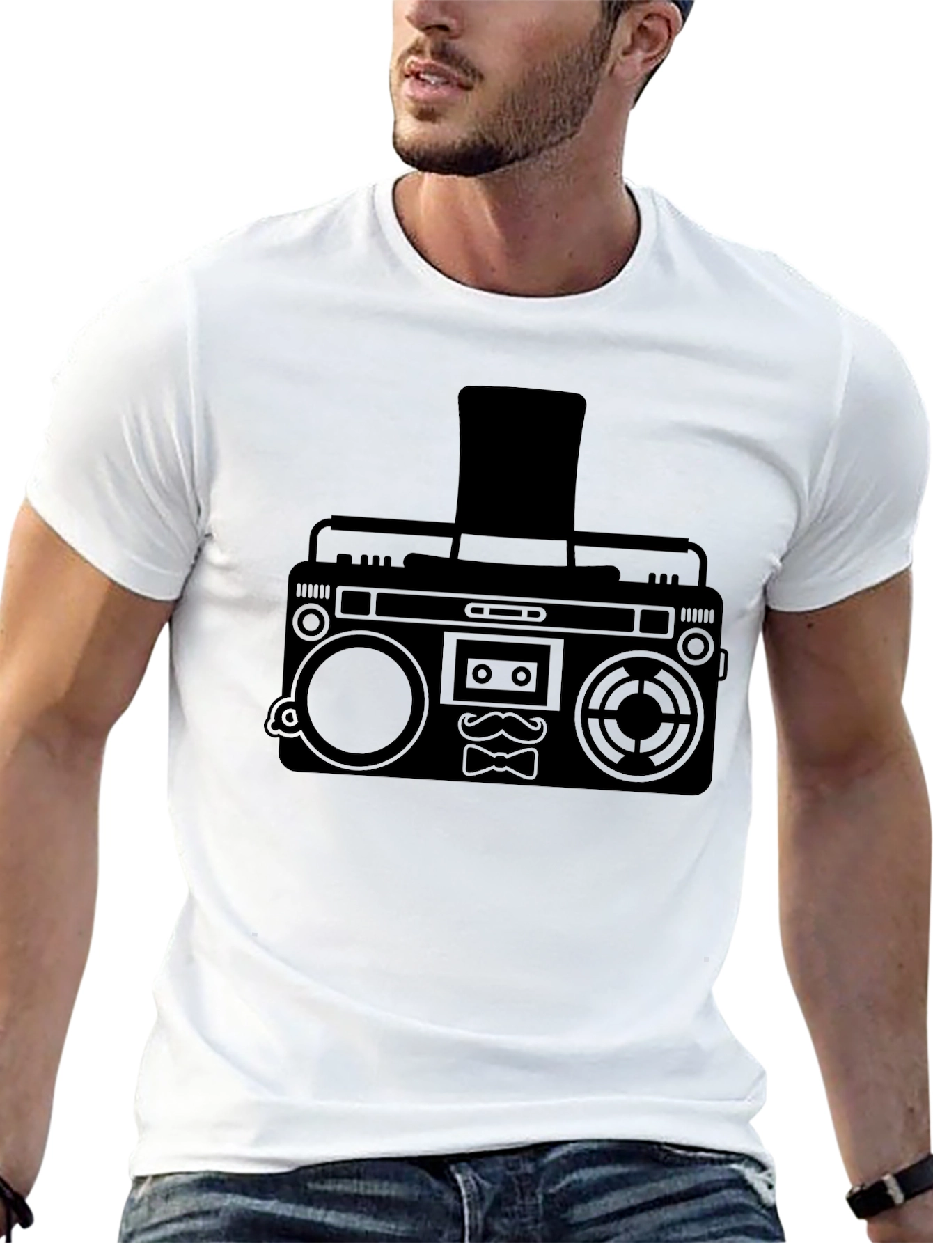 Retro Boombox Top Hat Mustache T-Shirt