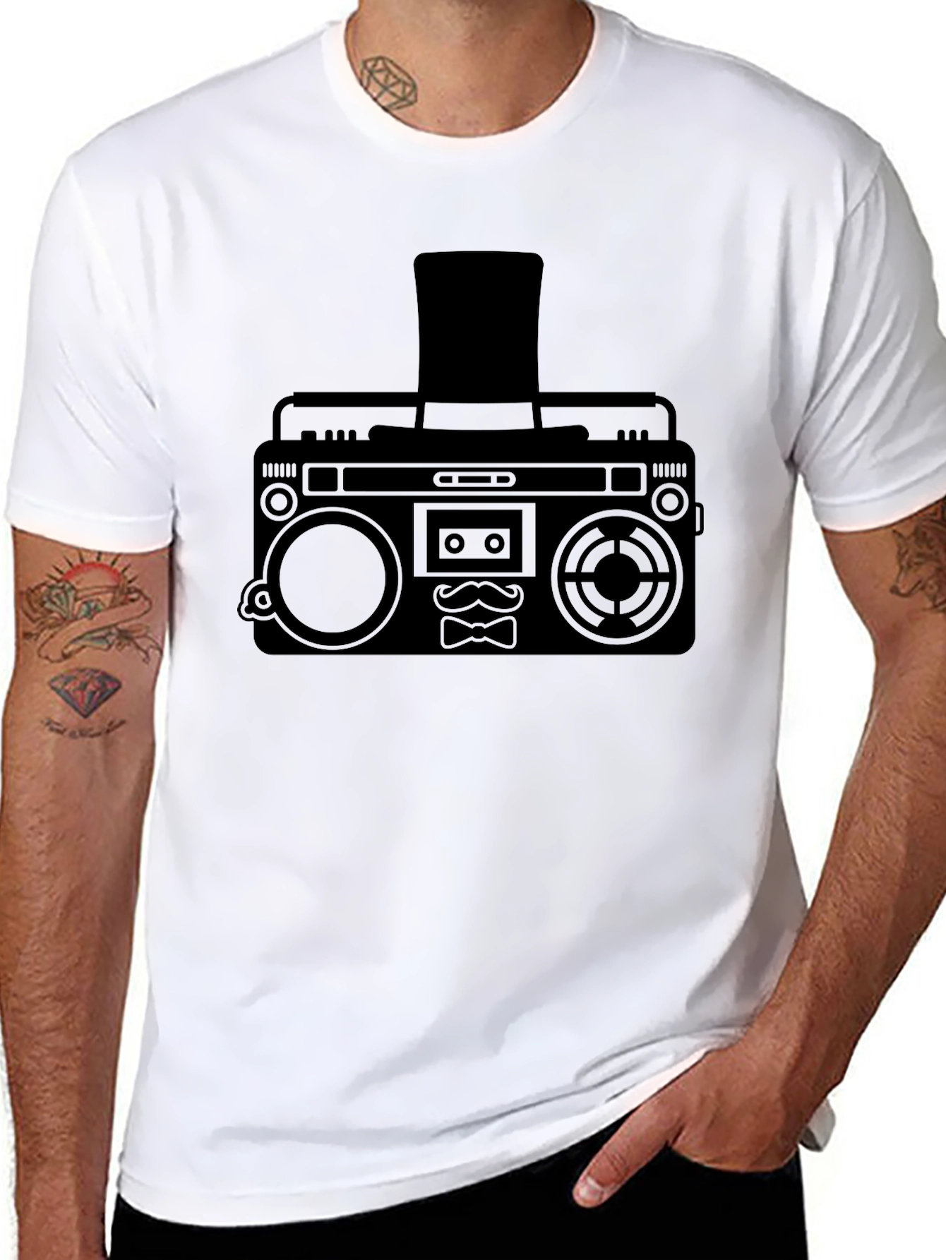 Retro Boombox Top Hat Mustache T-Shirt