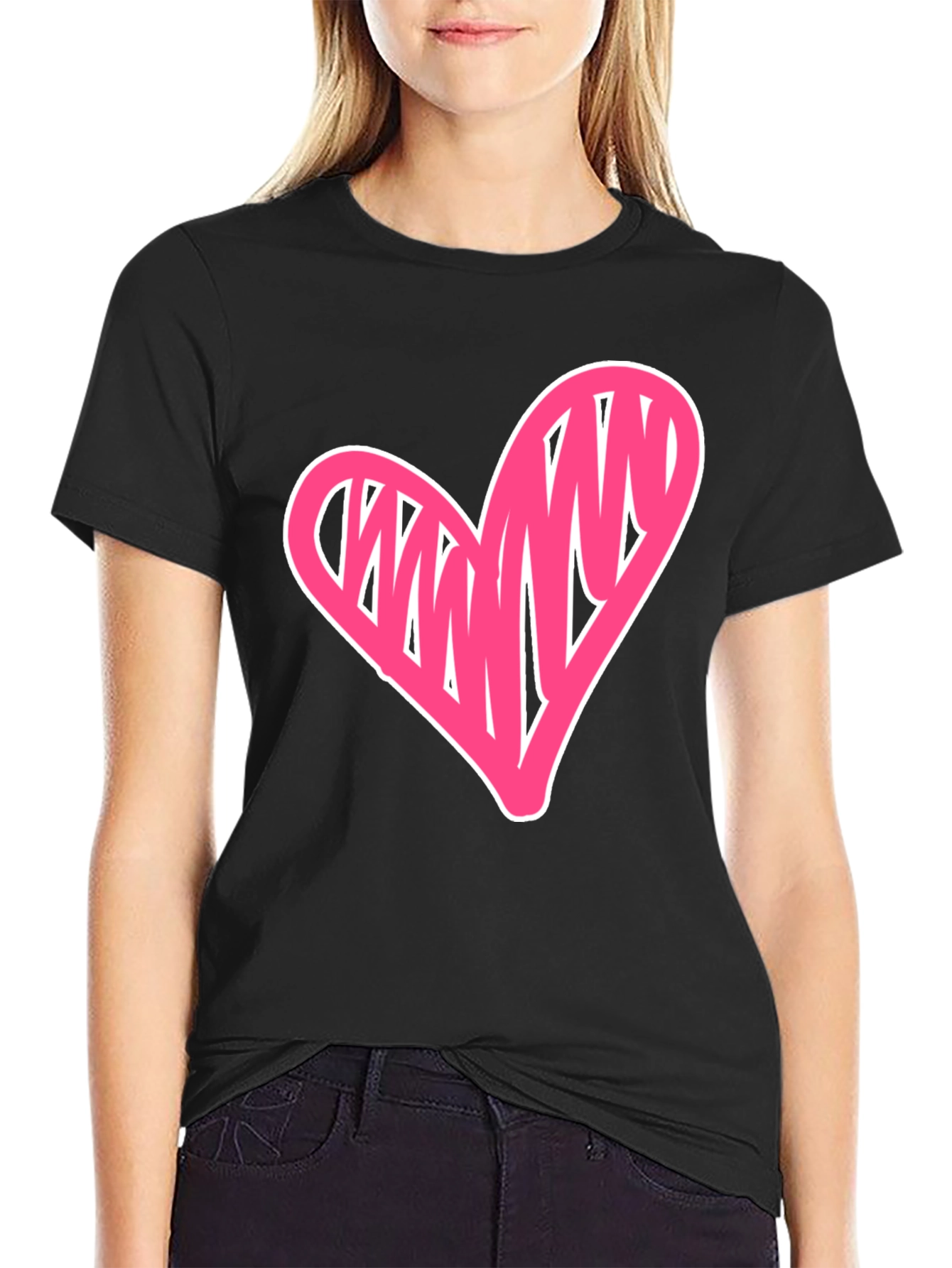 Heart Scribble Graphic Tee - Casual Black T-Shirt