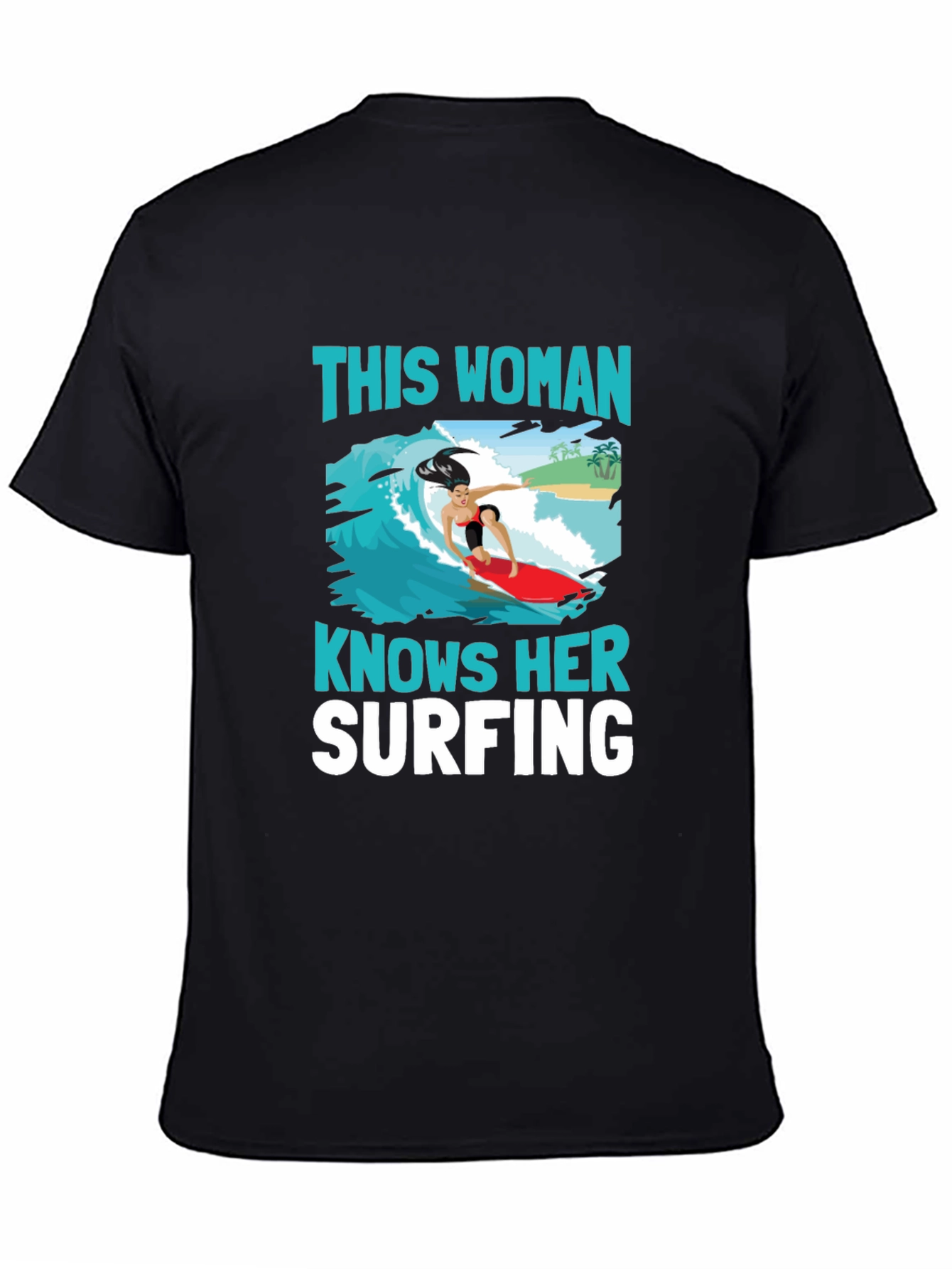 Woman Surfing Graphic Tee - Black Cotton T-Shirt