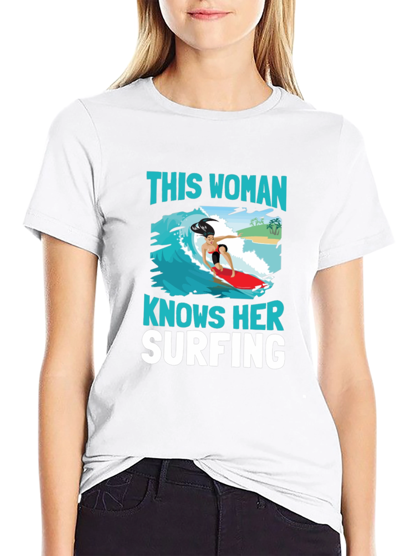 Woman Surfing Graphic Tee - Black Cotton T-Shirt
