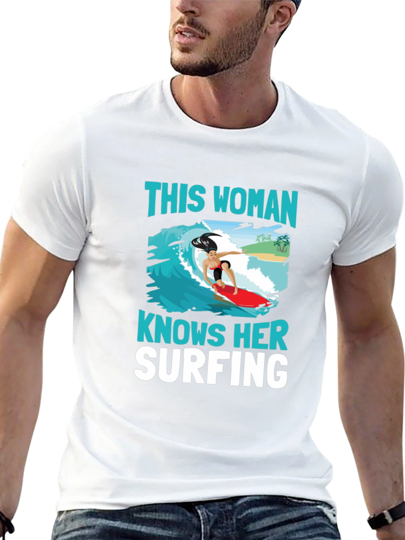 Woman Surfing Graphic Tee - Black Cotton T-Shirt