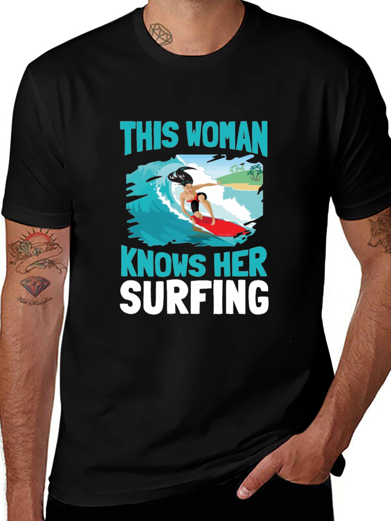 Woman Surfing Graphic Tee - Black Cotton T-Shirt