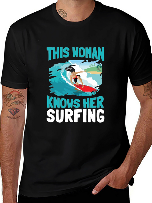 Woman Surfing Graphic Tee - Black Cotton T-Shirt