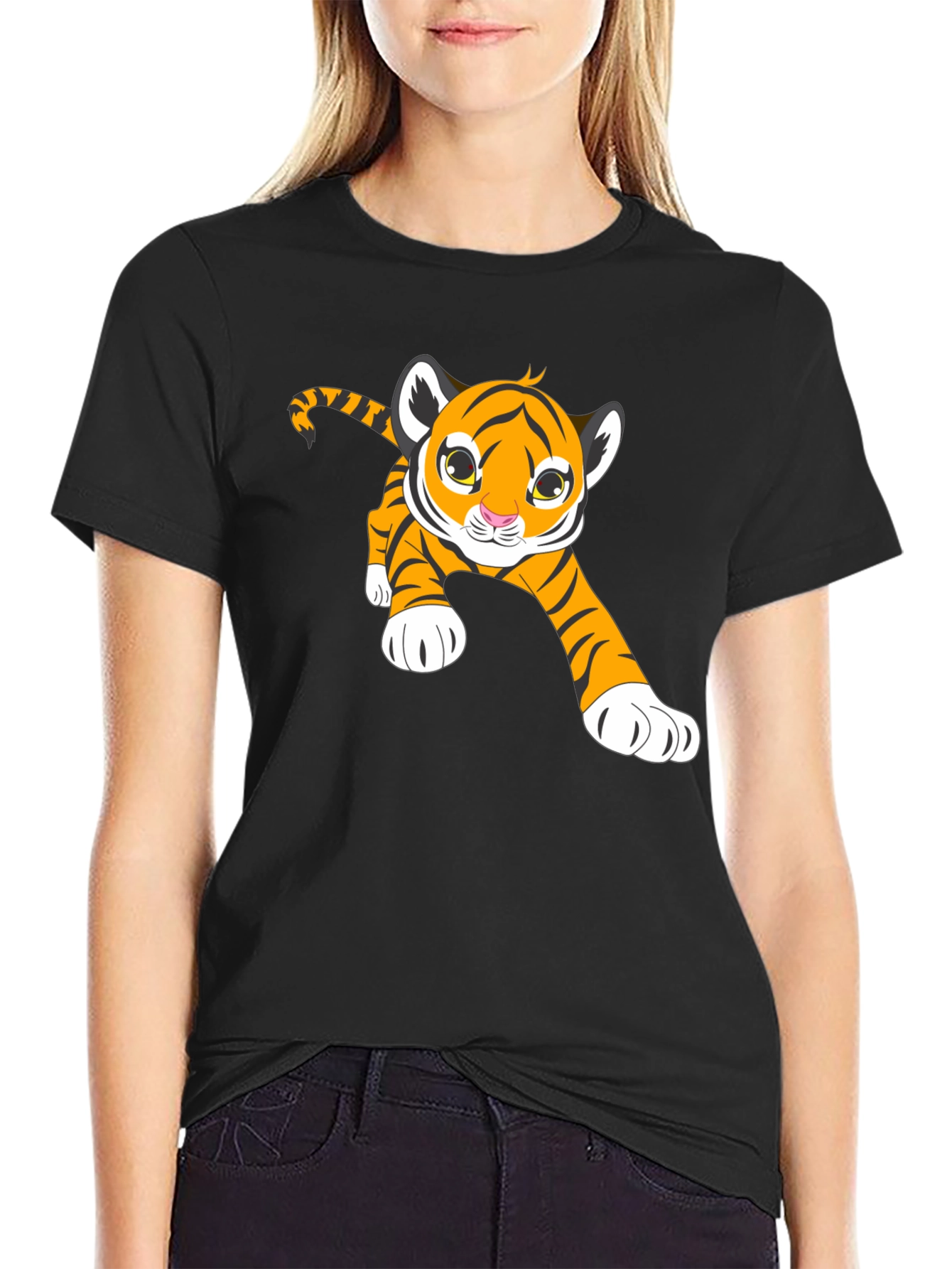 Cute Tiger Cub Graphic T-Shirt - Black