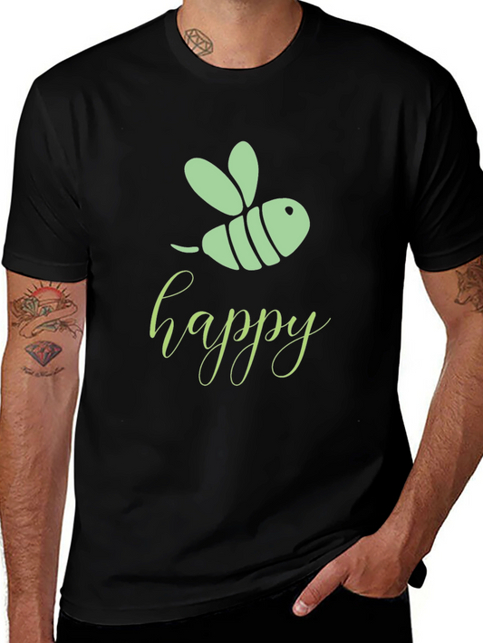 Happy Bee Graphic Tee - Black Cotton T-Shirt
