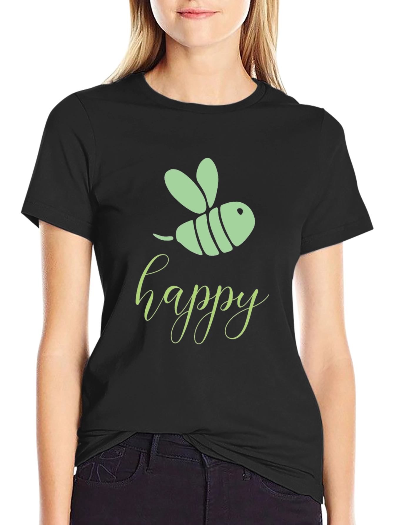 Happy Bee Graphic Tee - Black Cotton T-Shirt