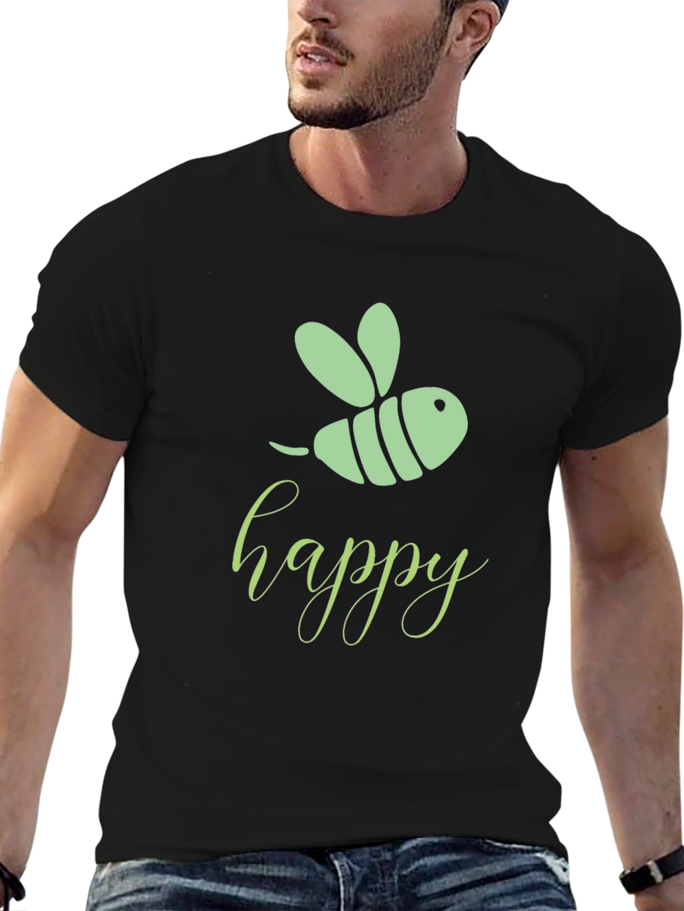 Happy Bee Graphic Tee - Black Cotton T-Shirt