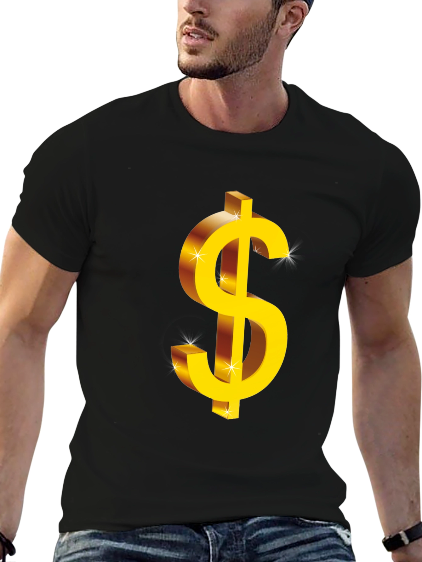 Bold Black T-Shirt with Gold Dollar Sign Graphic