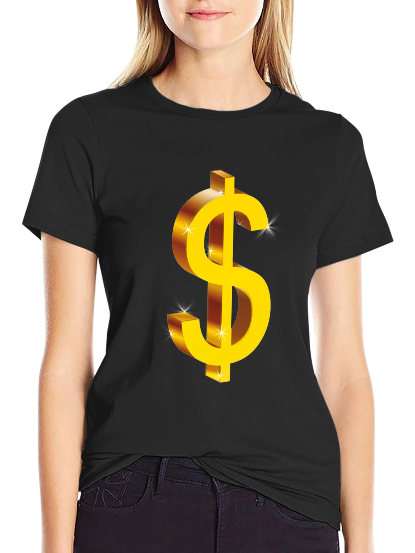 Bold Black T-Shirt with Gold Dollar Sign Graphic