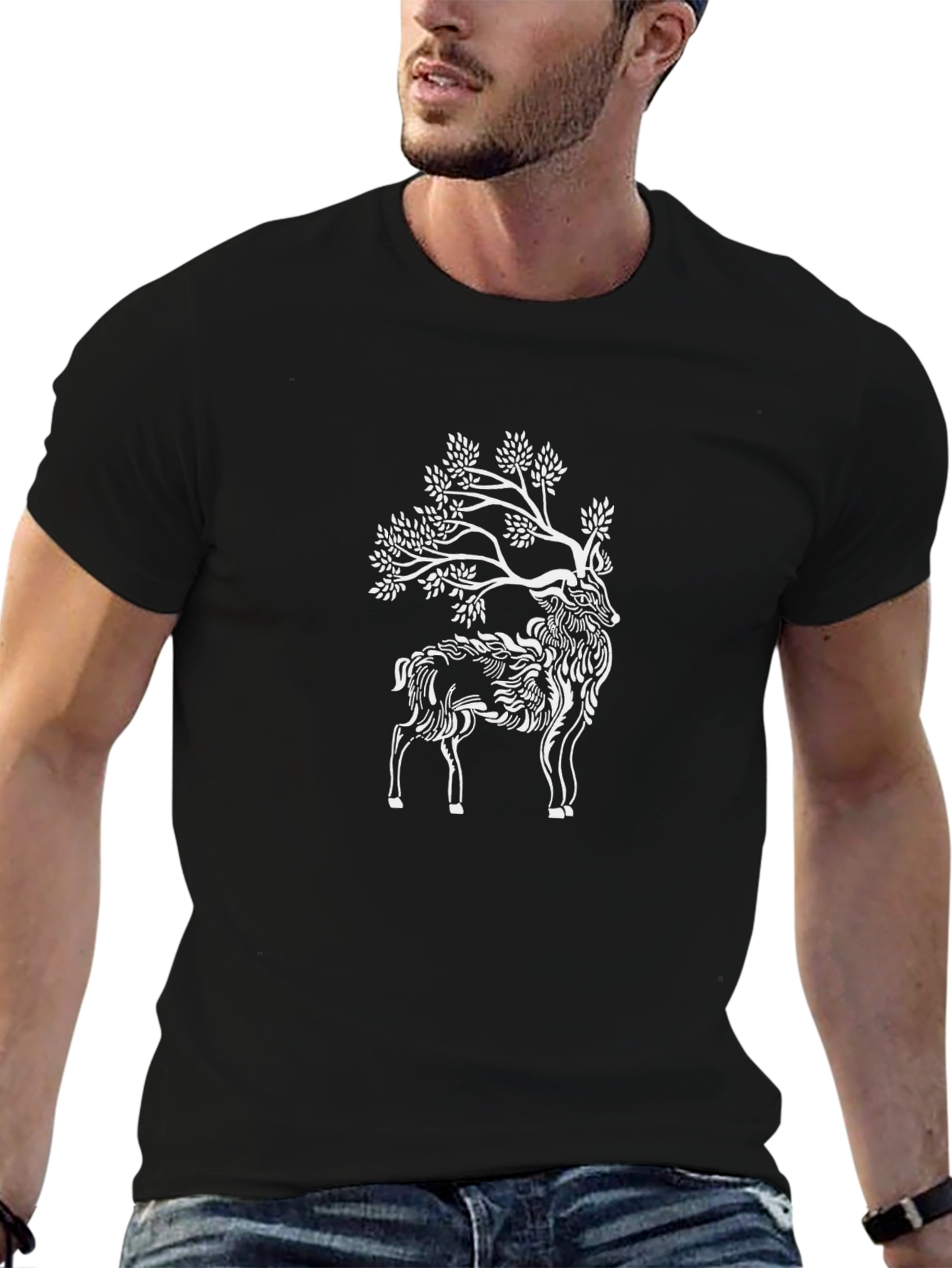 Nature Deer Graphic Tee - Black Cotton Blend T-Shirt