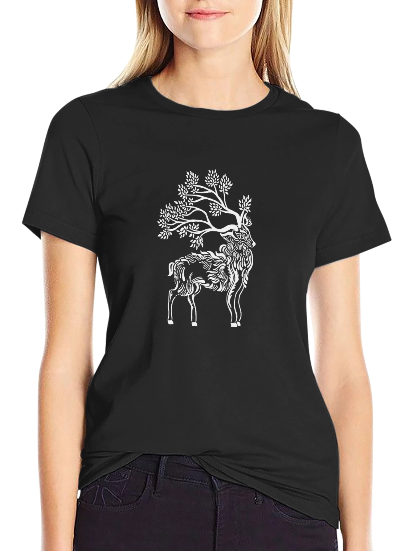Nature Deer Graphic Tee - Black Cotton Blend T-Shirt