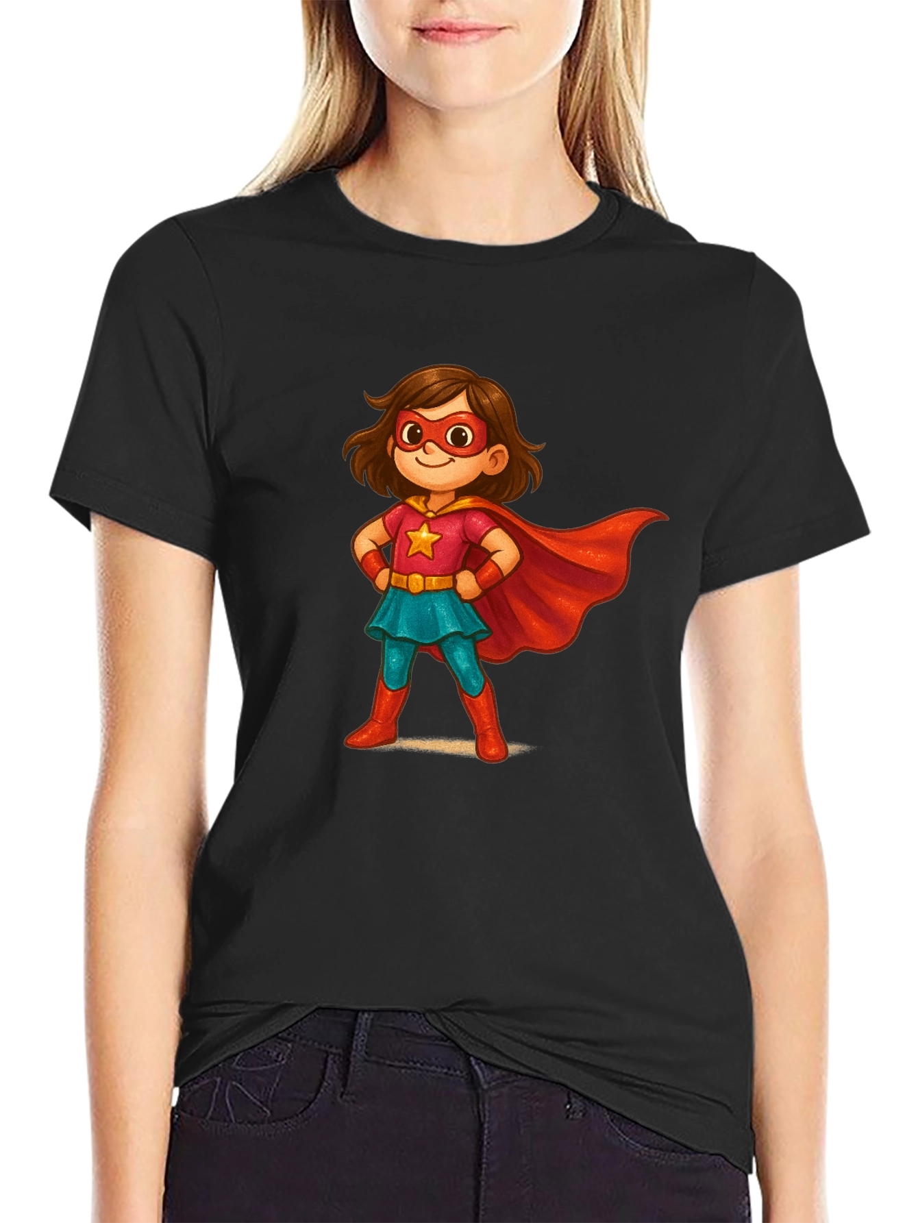 Girl Superhero Cartoon Black T-Shirt