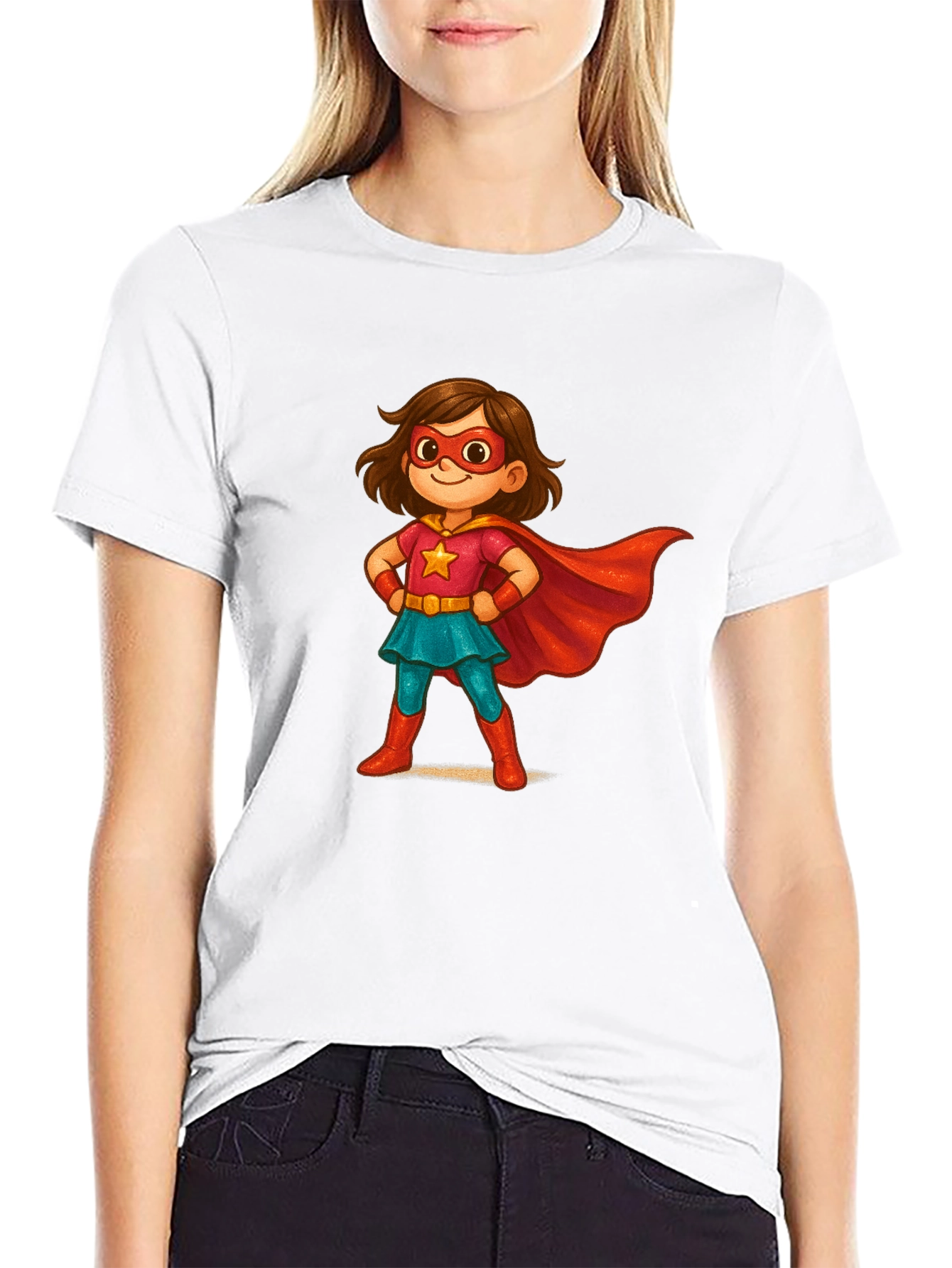 Girl Superhero Cartoon Black T-Shirt