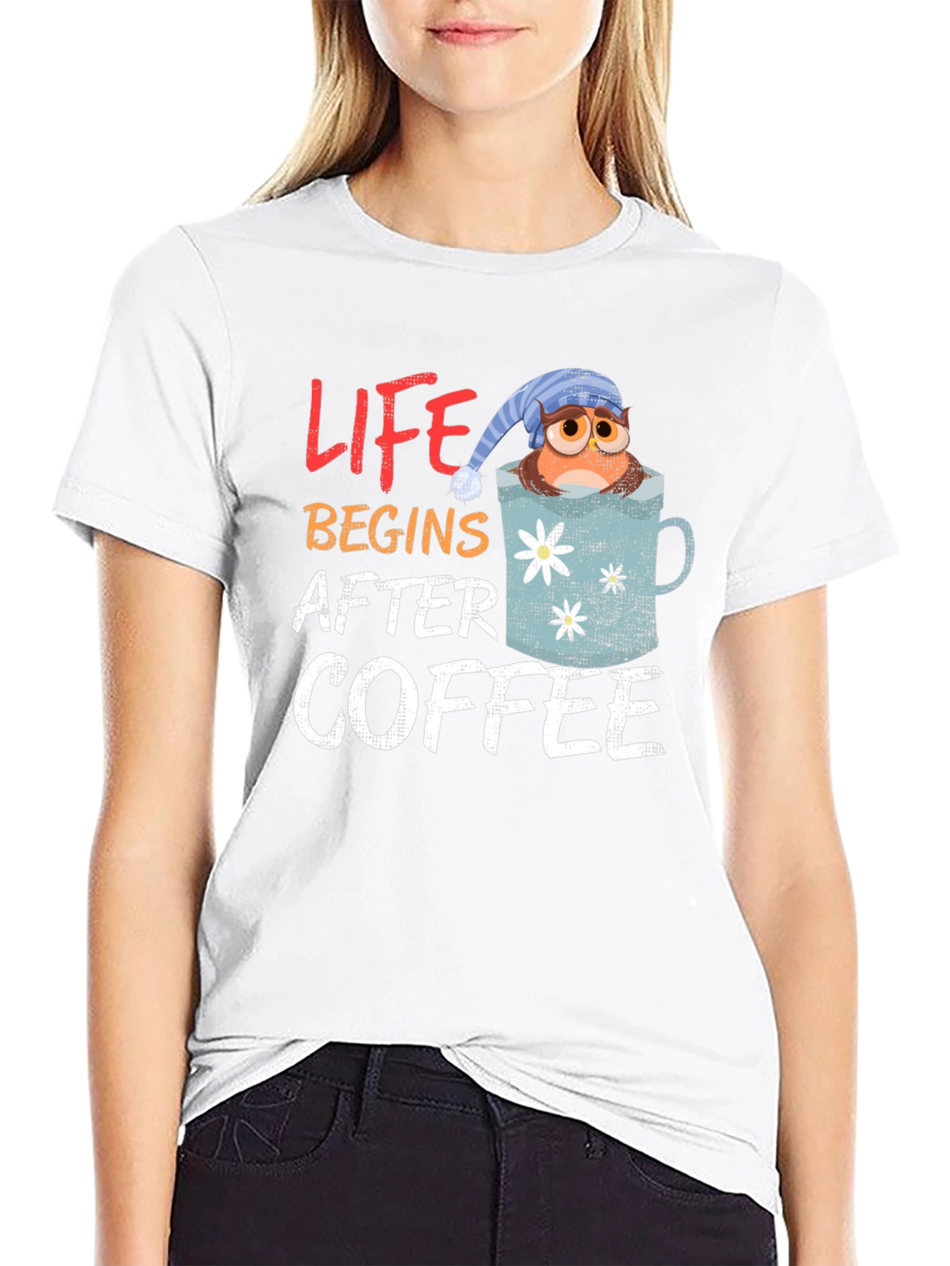 Life Begins After Coffee Owl Mug Graphic Tee