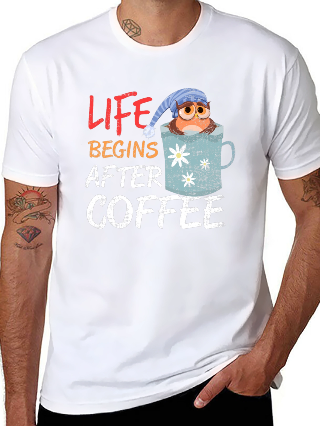 Life Begins After Coffee Owl Mug Graphic Tee