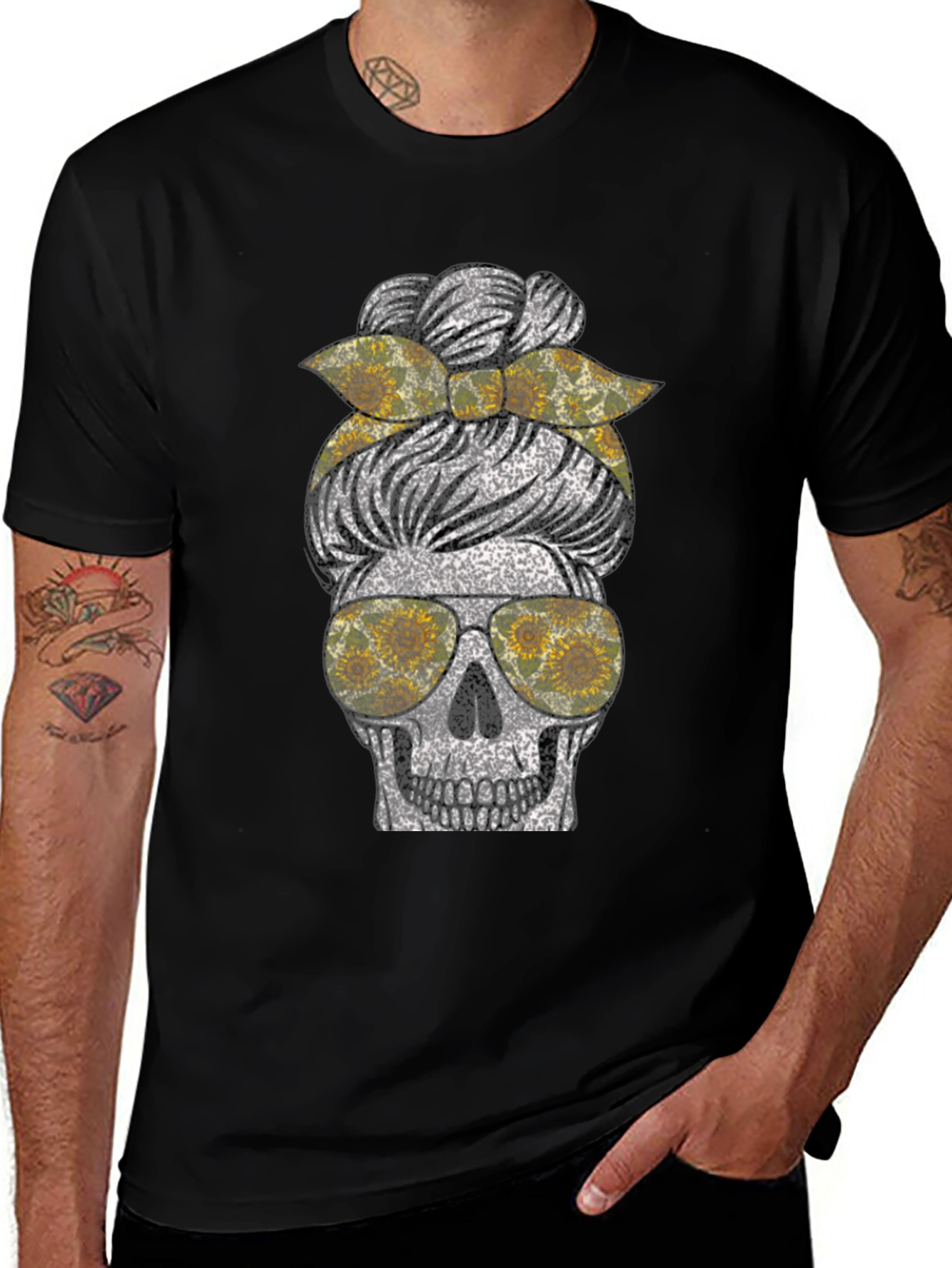 Sunflower Skull Messy Bun T-Shirt