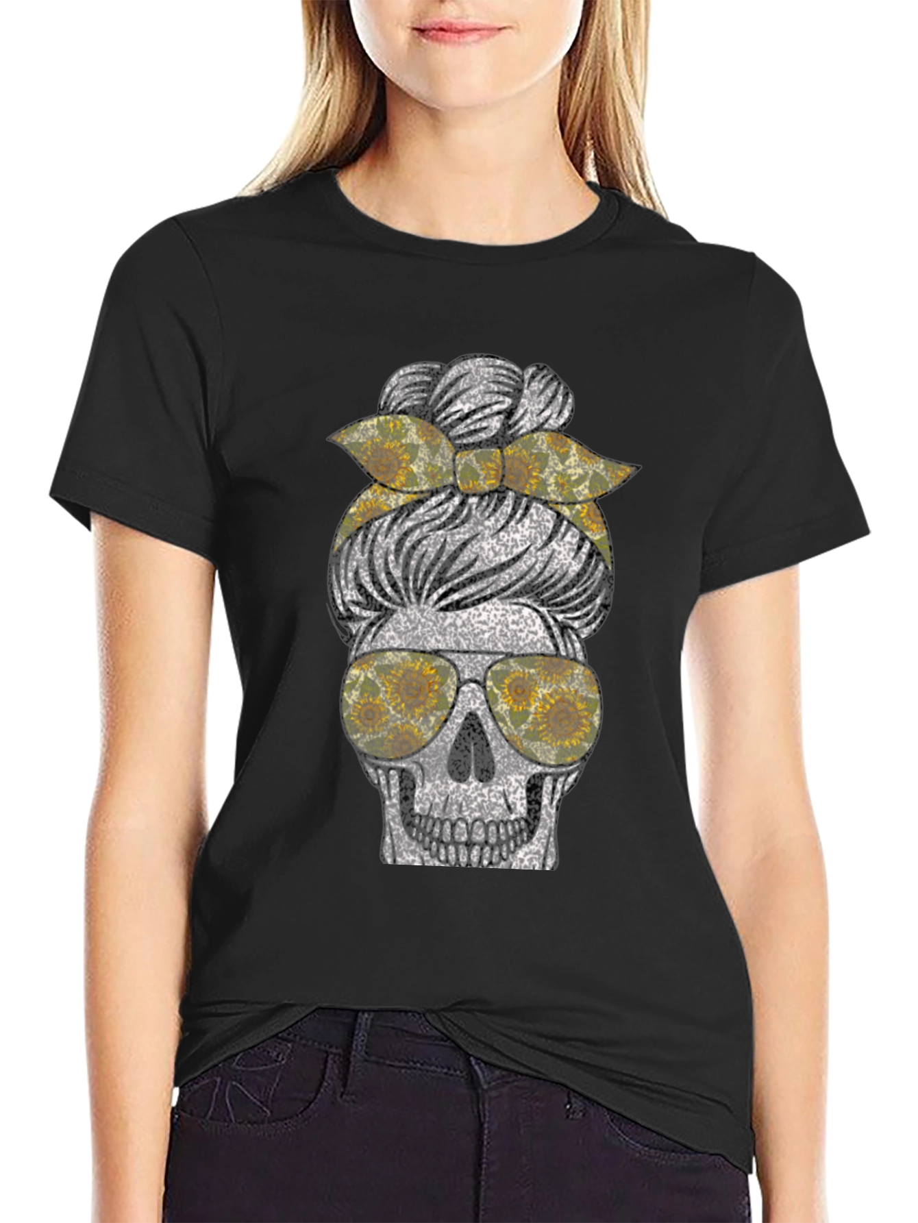 Sunflower Skull Messy Bun T-Shirt