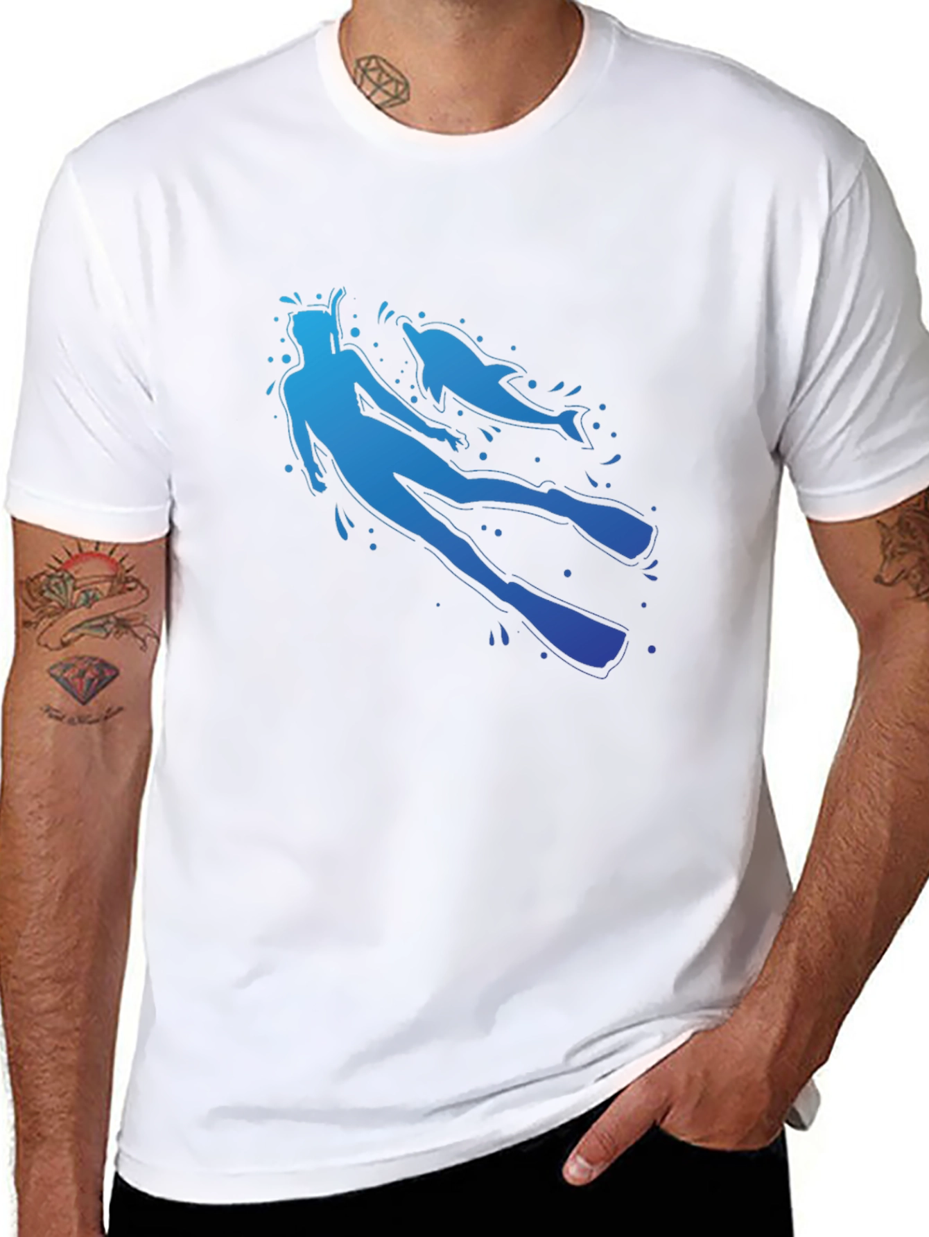 Diver and Dolphin Graphic T-Shirt - Black Crew Neck
