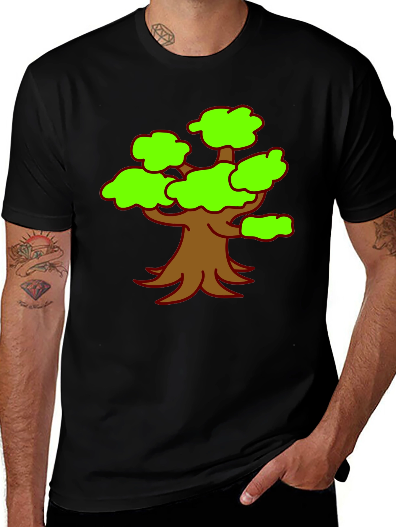 Cartoon Tree Graphic Tee - Black Casual Shirt