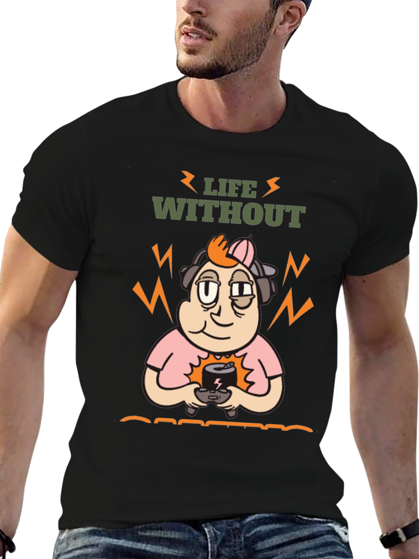Life Without Gaming T-Shirt - Black Cartoon Gamer Design