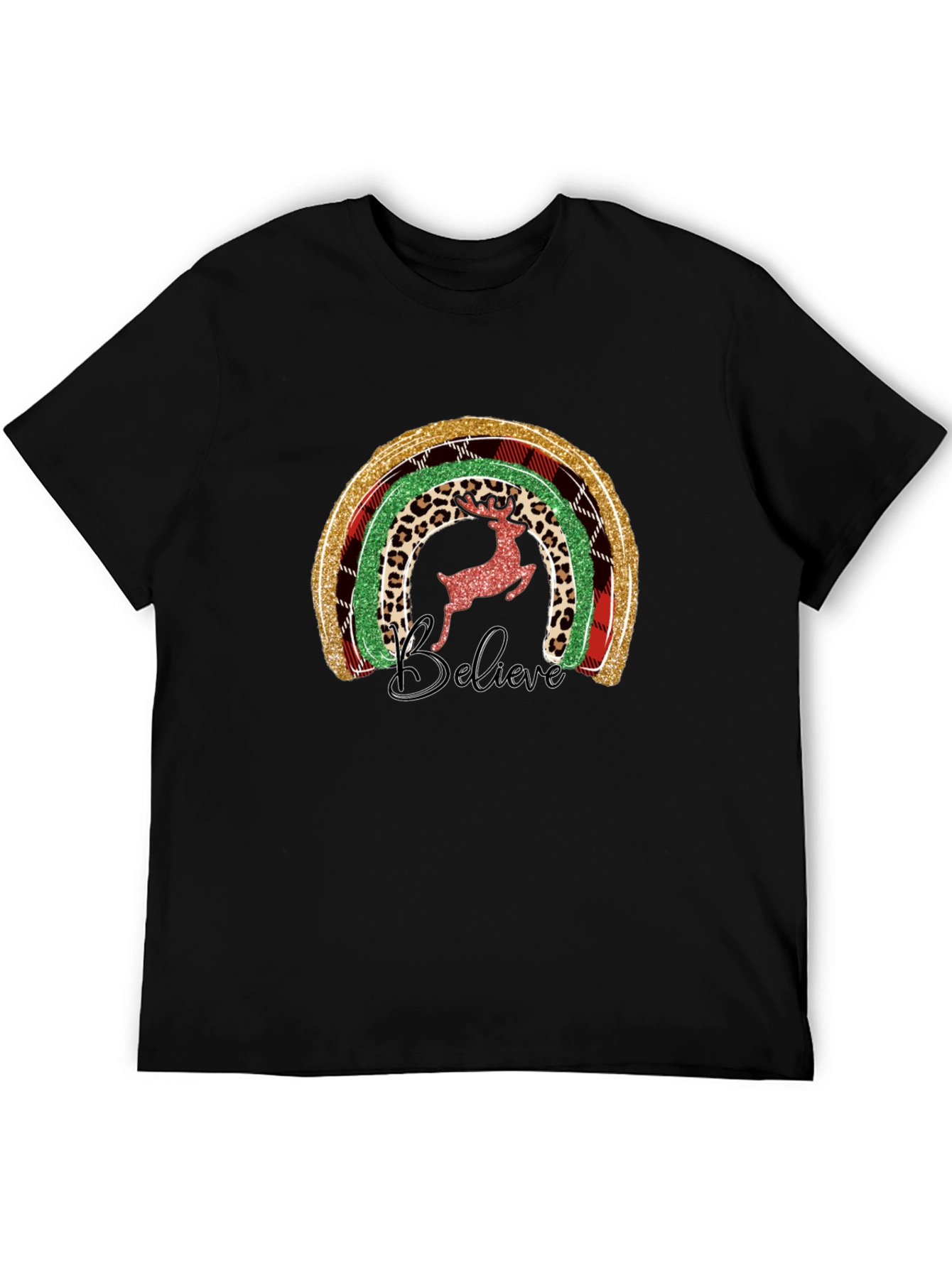 Believe Christmas Rainbow Deer Graphic Tee