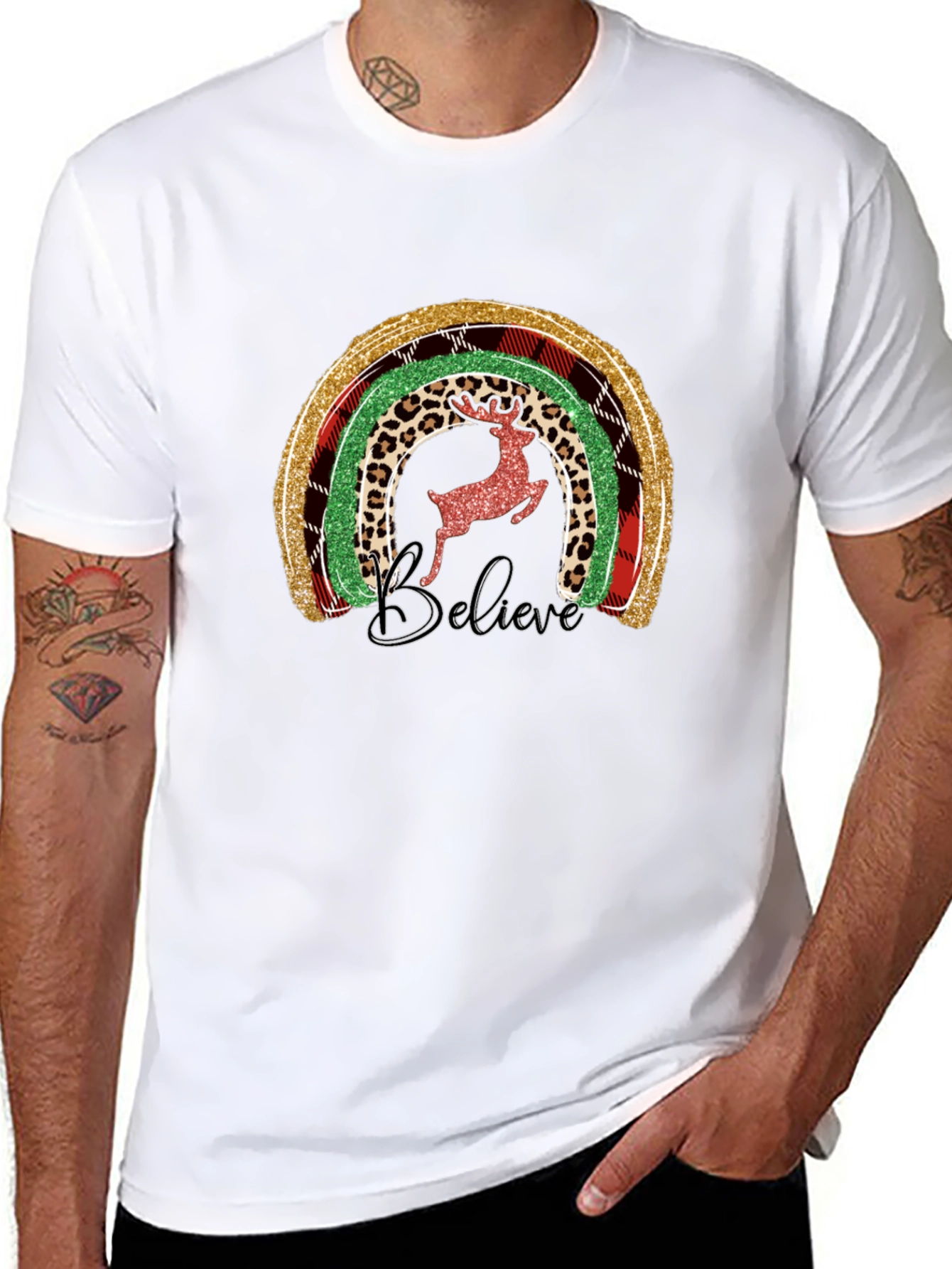 Believe Christmas Rainbow Deer Graphic Tee