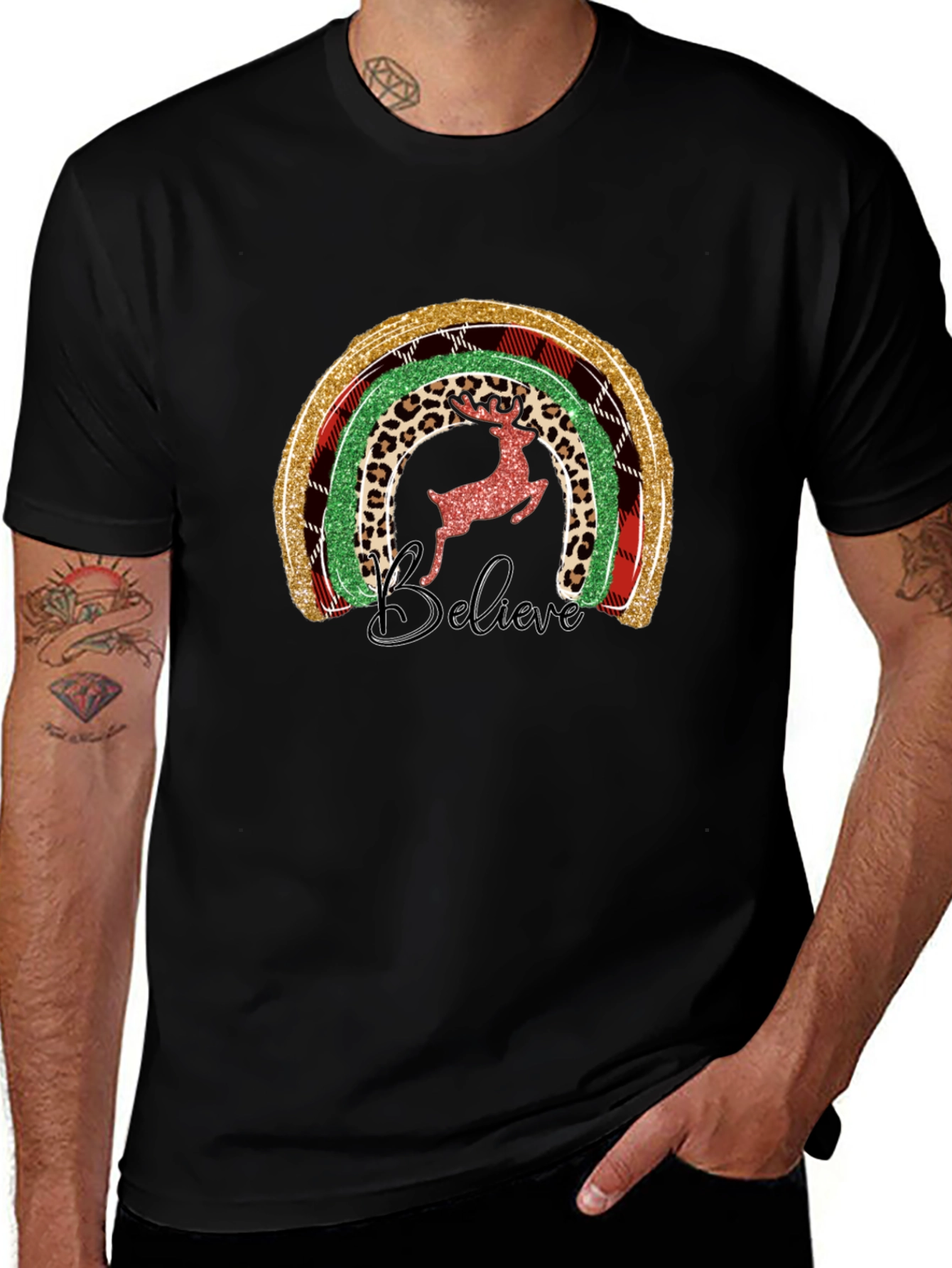 Believe Christmas Rainbow Deer Graphic Tee