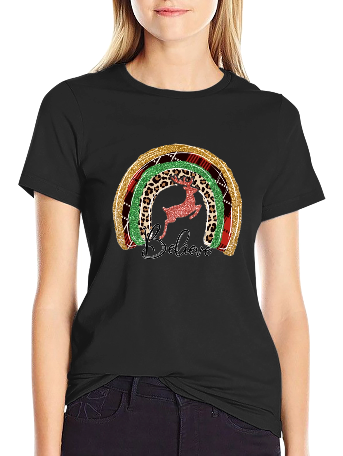 Believe Christmas Rainbow Deer Graphic Tee