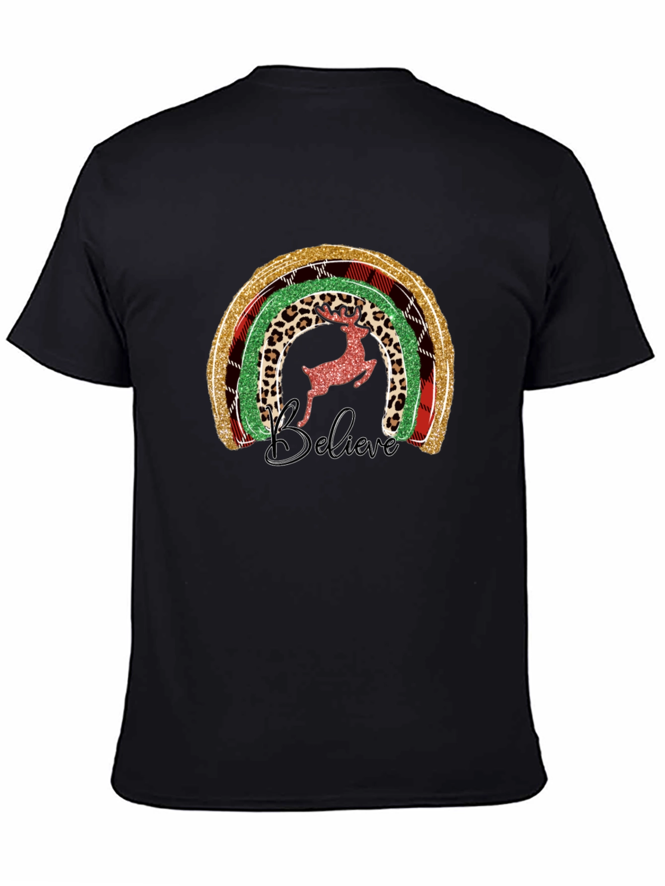 Believe Christmas Rainbow Deer Graphic Tee