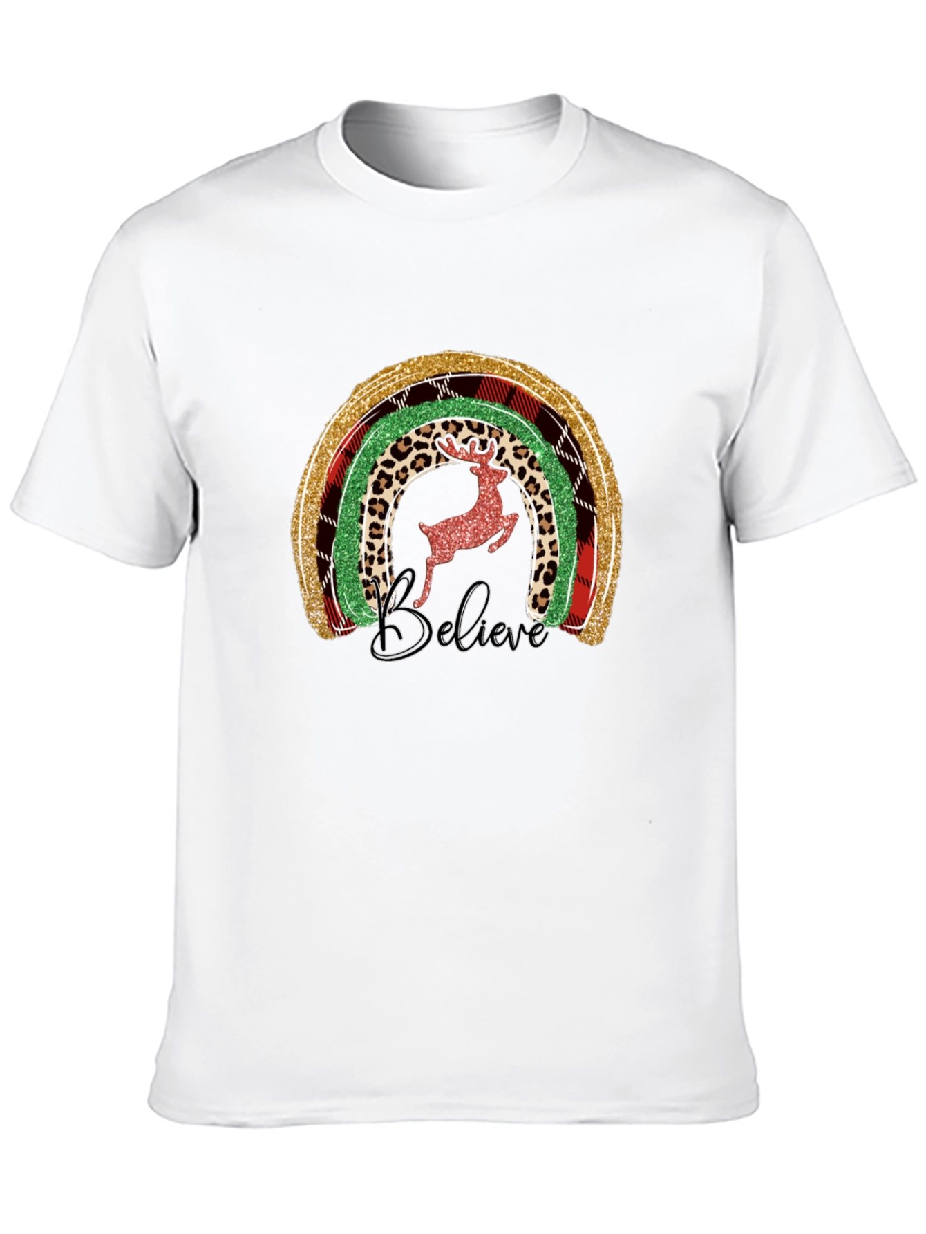 Believe Christmas Rainbow Deer Graphic Tee