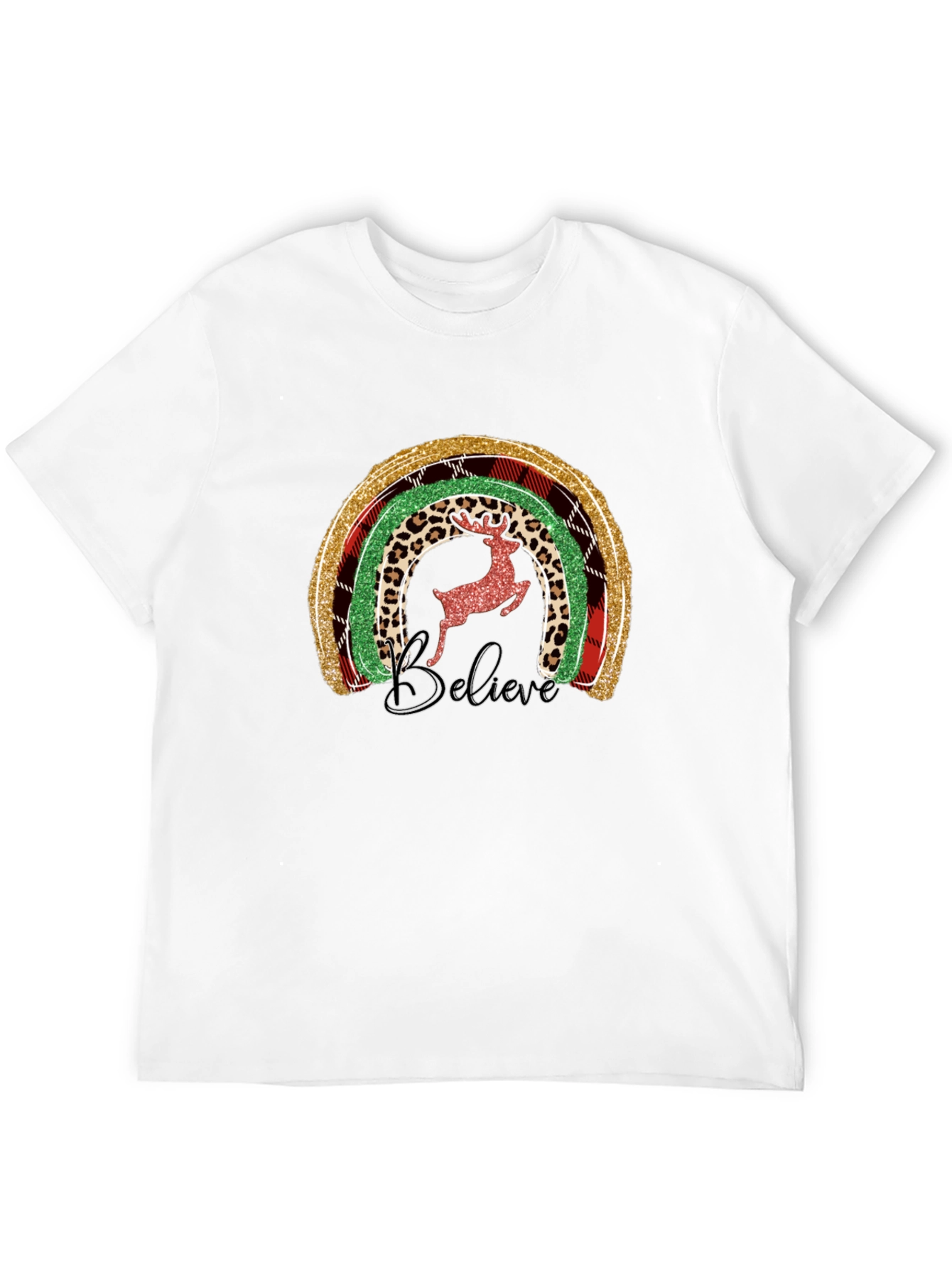 Believe Christmas Rainbow Deer Graphic Tee