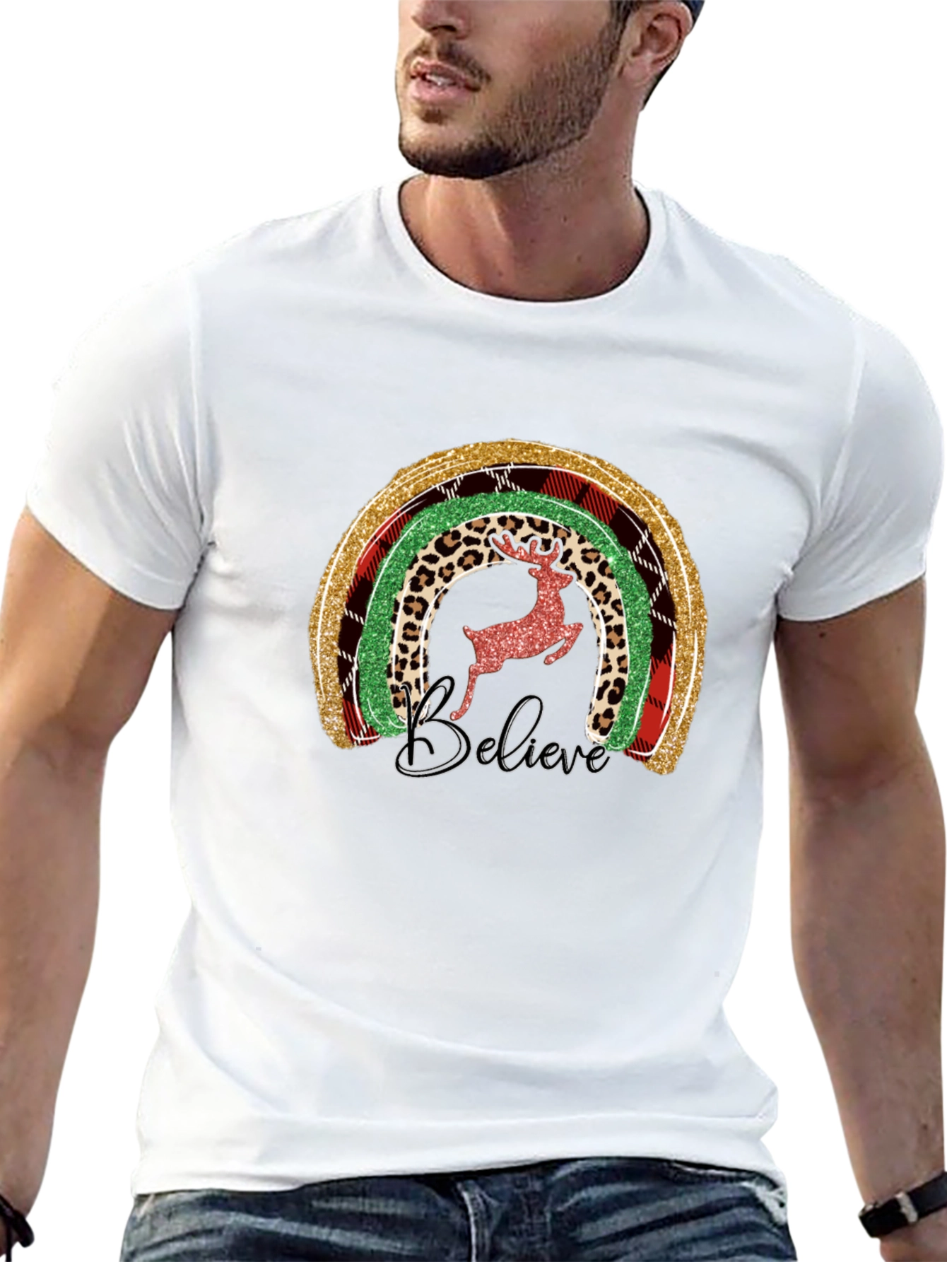 Believe Christmas Rainbow Deer Graphic Tee
