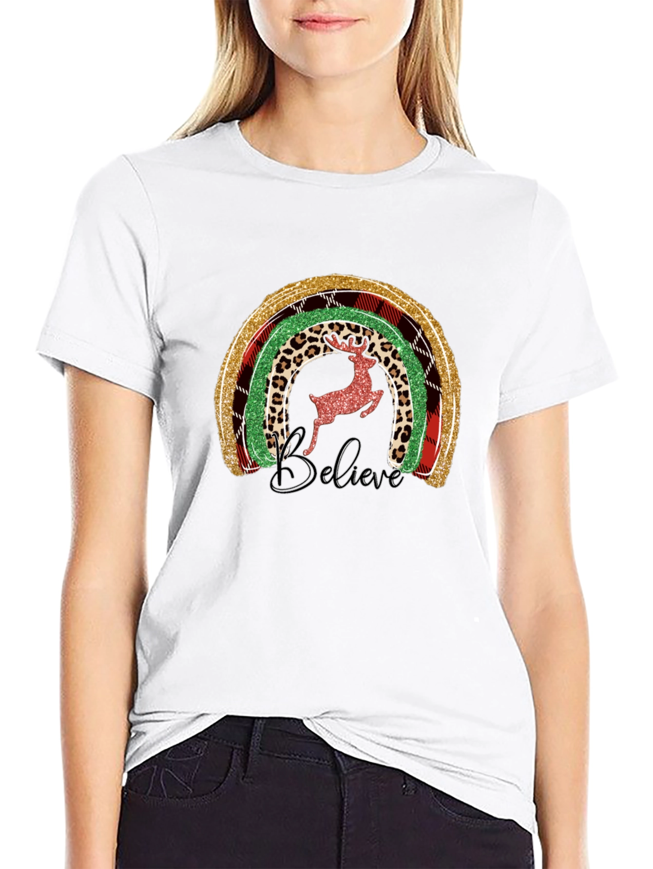 Believe Christmas Rainbow Deer Graphic Tee