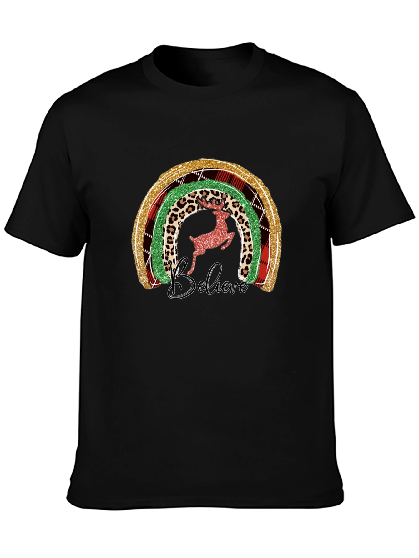 Believe Christmas Rainbow Deer Graphic Tee